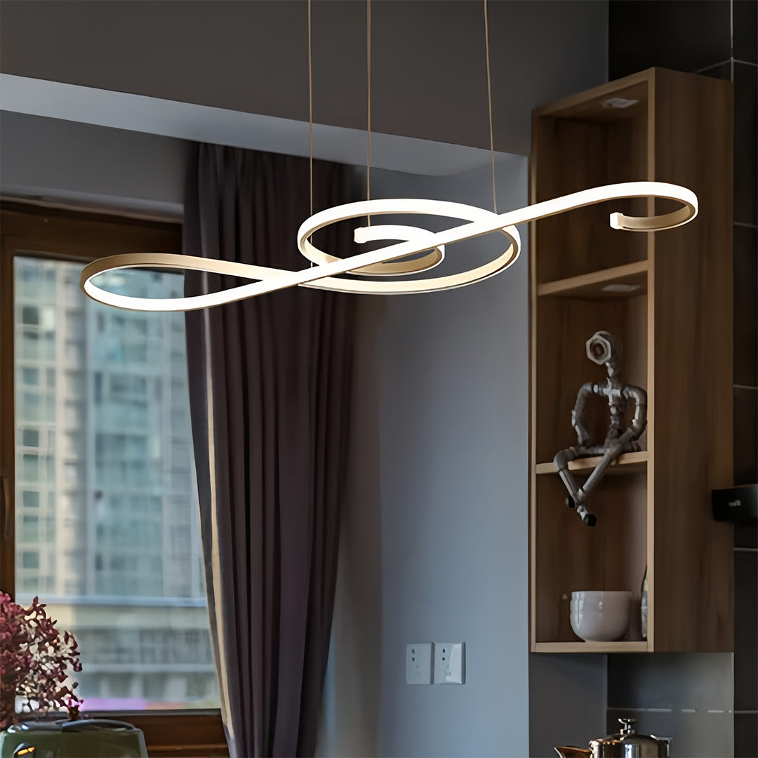 Elegant gold and white modern chandelier with loop design, sophisticated ceiling light for dining areas