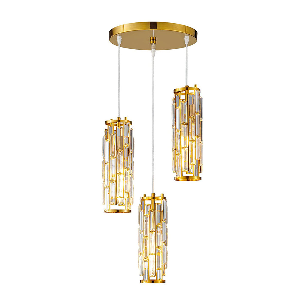 Three-light gold mini crystal pendant fixture with elegant vertical crystal shades.
