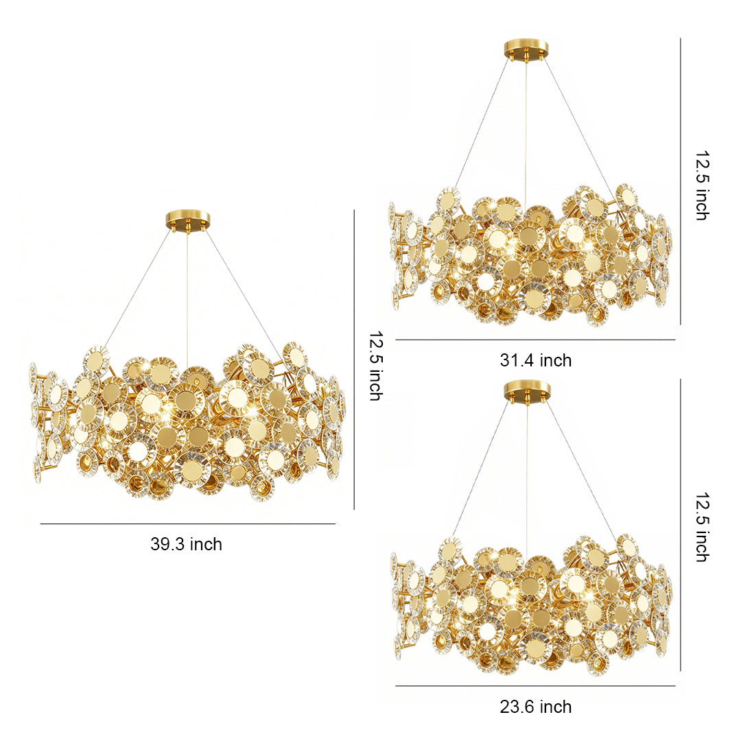 Gold modern chandelier collection showing circular designs with floral crystal elements in various sizes and configurations
