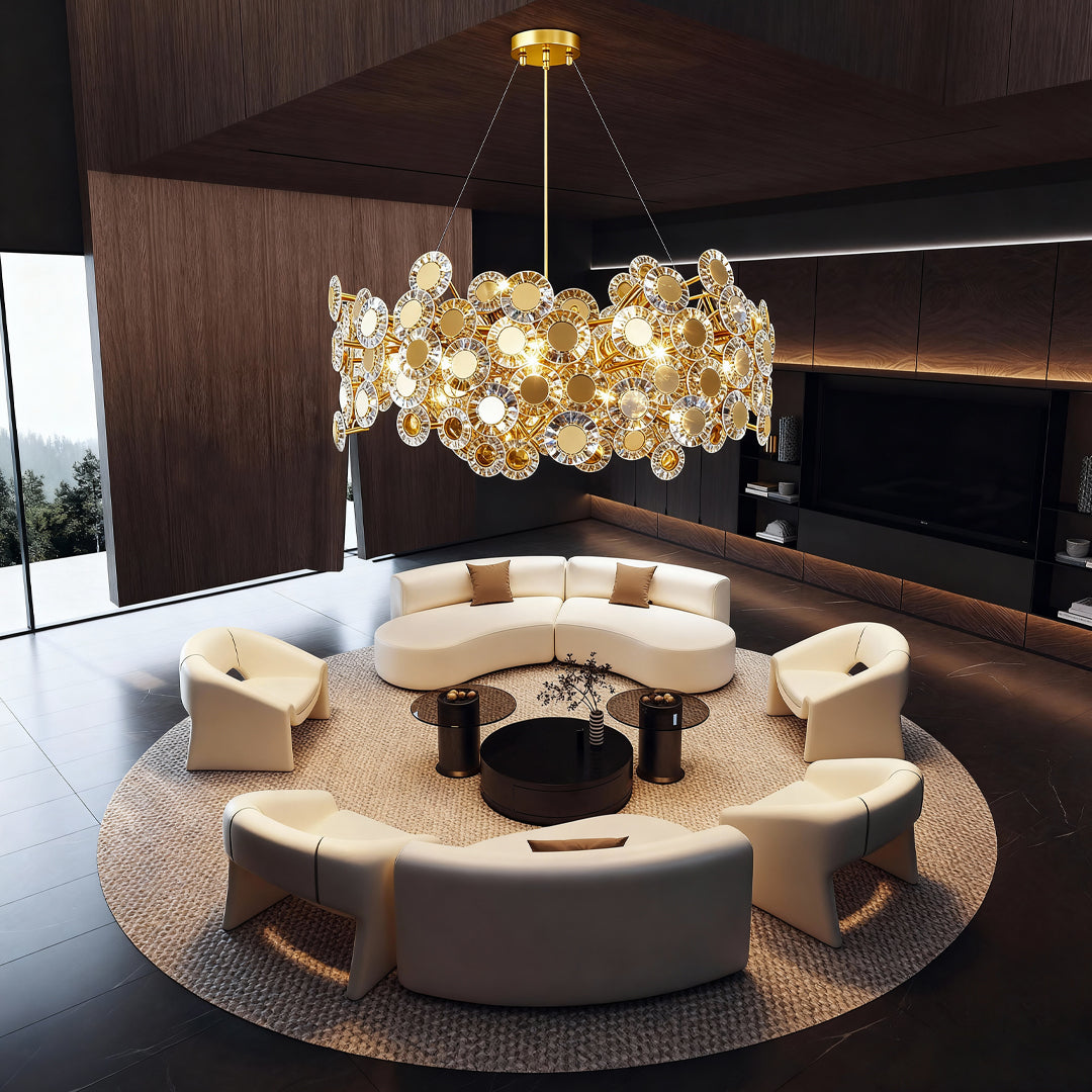 Gold modern chandelier above round dining table in elegant space with dark wood paneling and modern furnishings