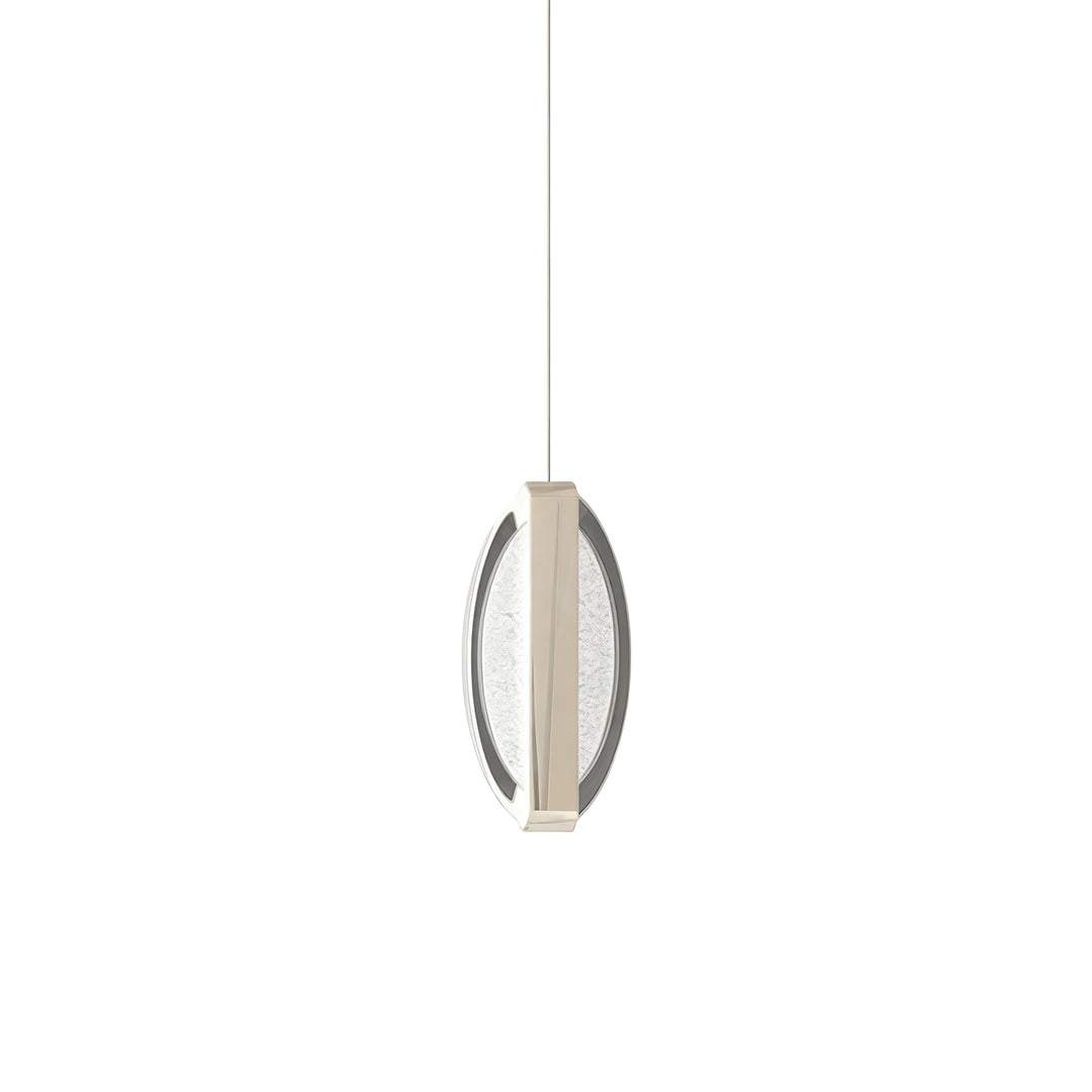 Gold modern chandelier with single elongated oval crystal glass shade suspended by rod in minimalist design