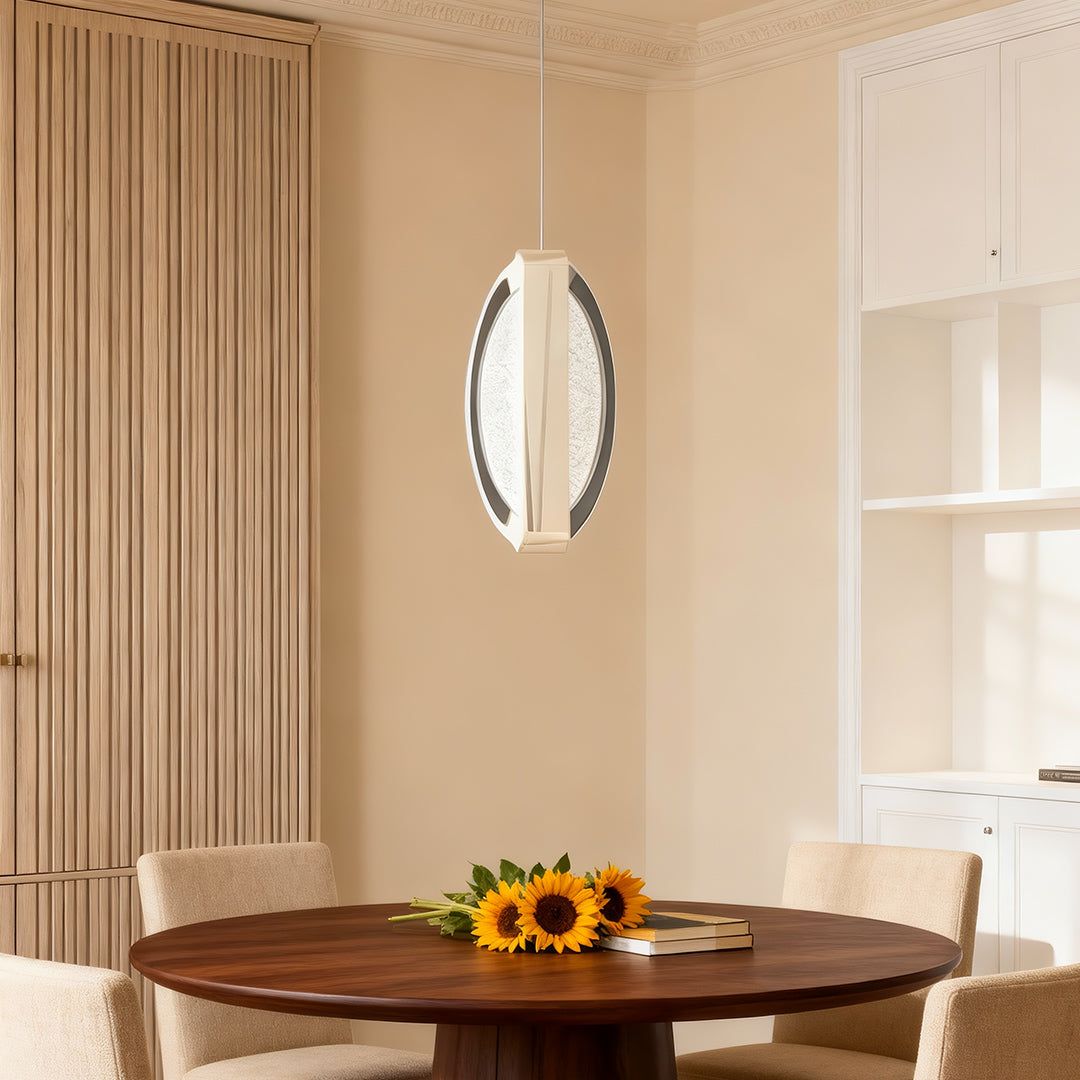 Gold modern chandelier mounted on wall beside wooden slat partition in warm-toned contemporary dining space