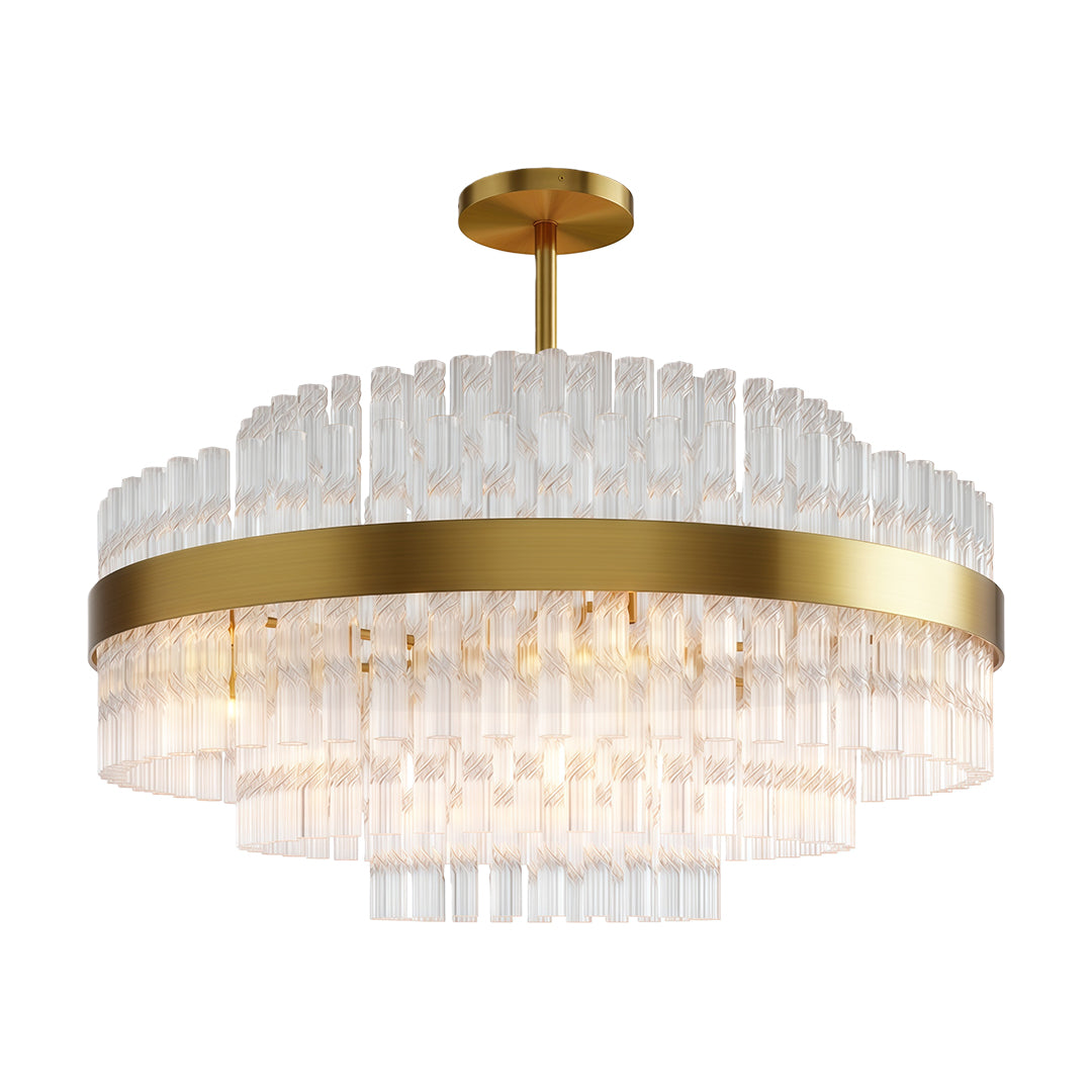 Industrial modern chandelier in gold finish with multi-tier crystal glass rod design