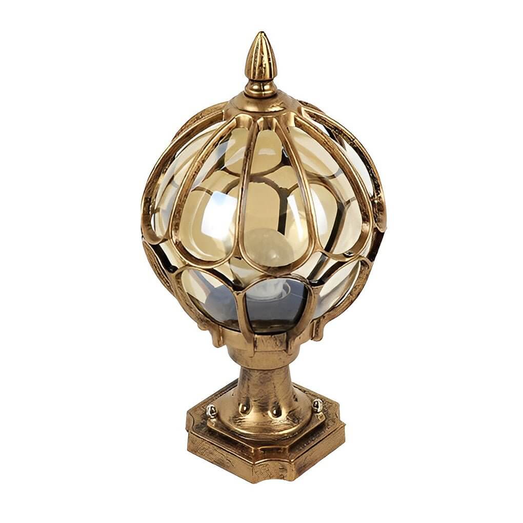 Gold outdoor globe pillar light isolated on white background with classic lantern-style design.