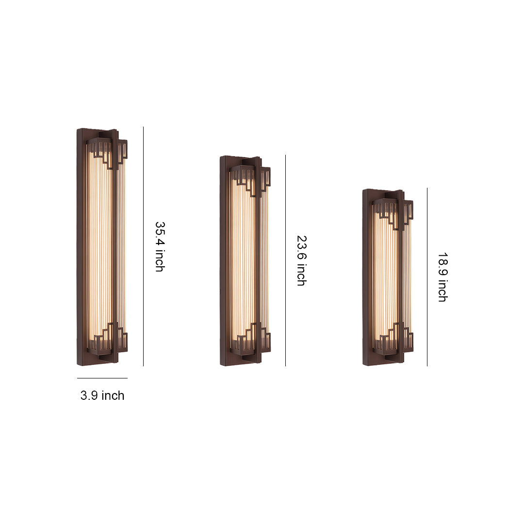 Gold outdoor wall mounted LED lights mounted on a textured wall, providing a bright and modern illumination.