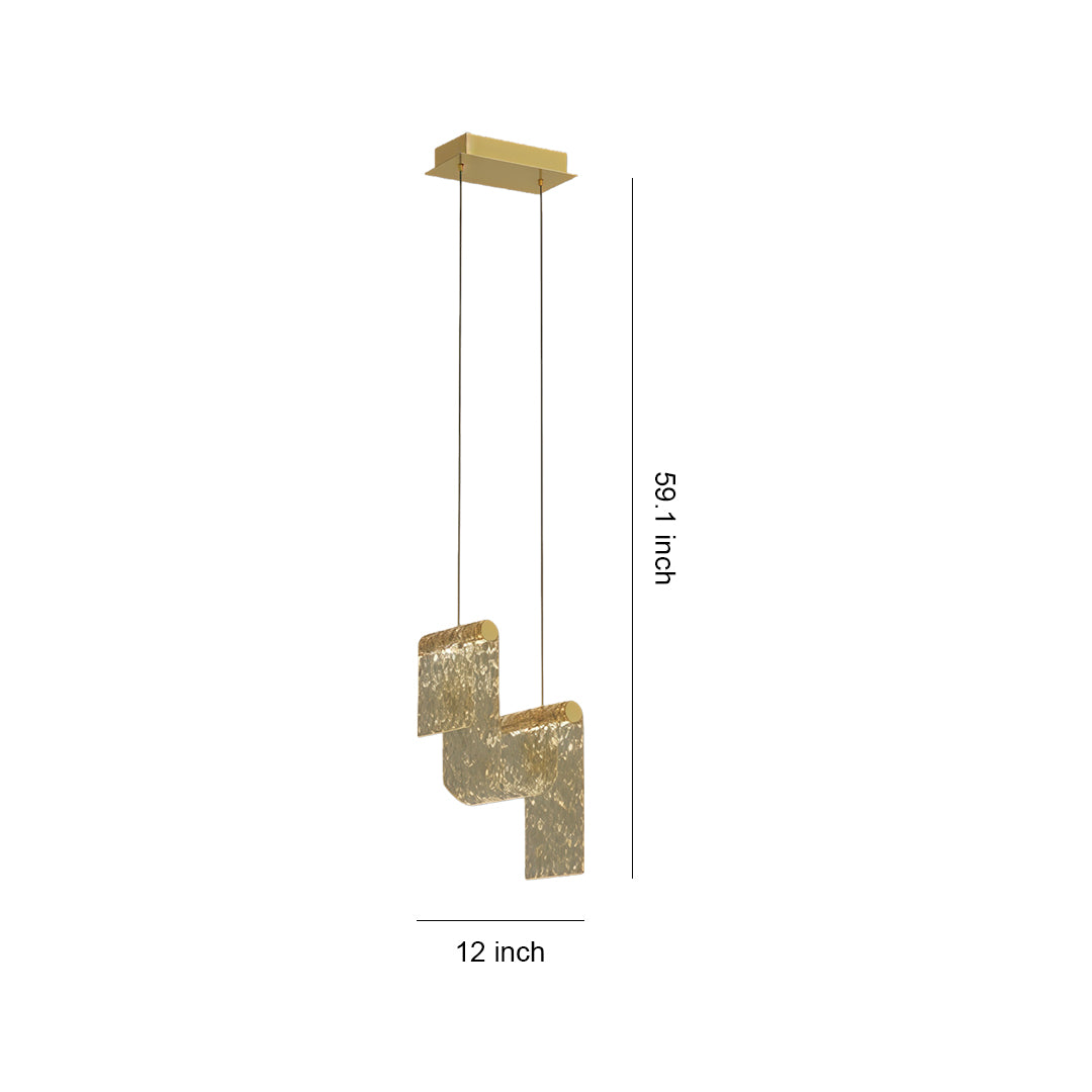 Gold pendant island light with geometric cubic design and brass finish, shown with height measurement on white background