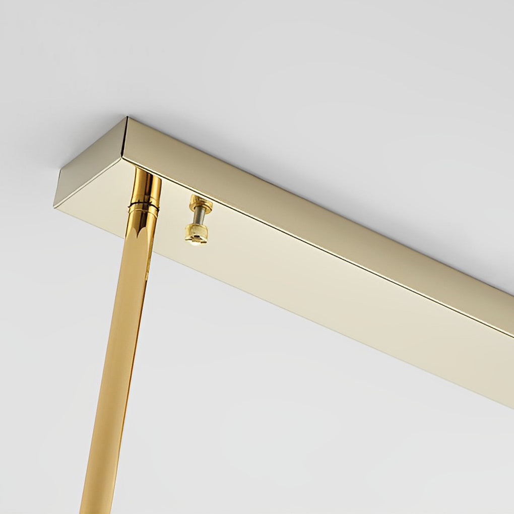 Gold rectangular chandelier with a close-up of its crystal and gold structure.