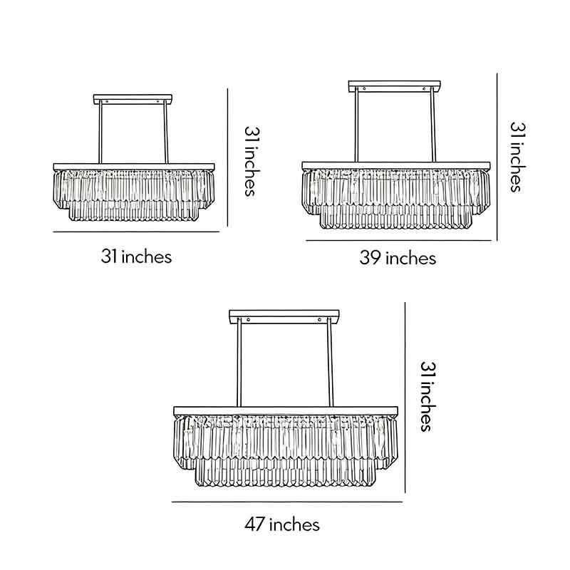 Technical diagram showing dimensions and structure of gold rectangular chandelier models.