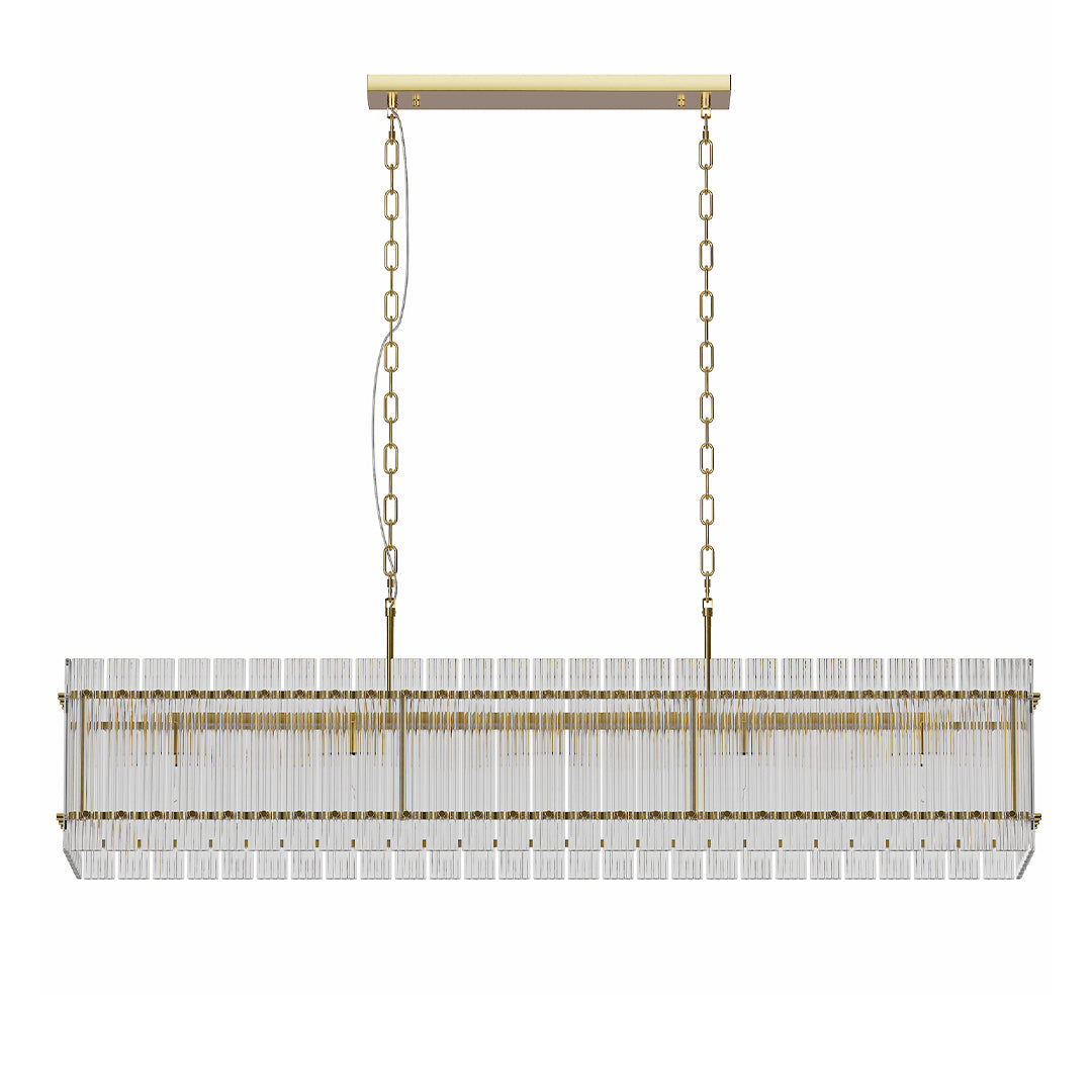 Gold rectangular glass lamp shade chandelier adding elegance and sophistication to modern dining rooms.
