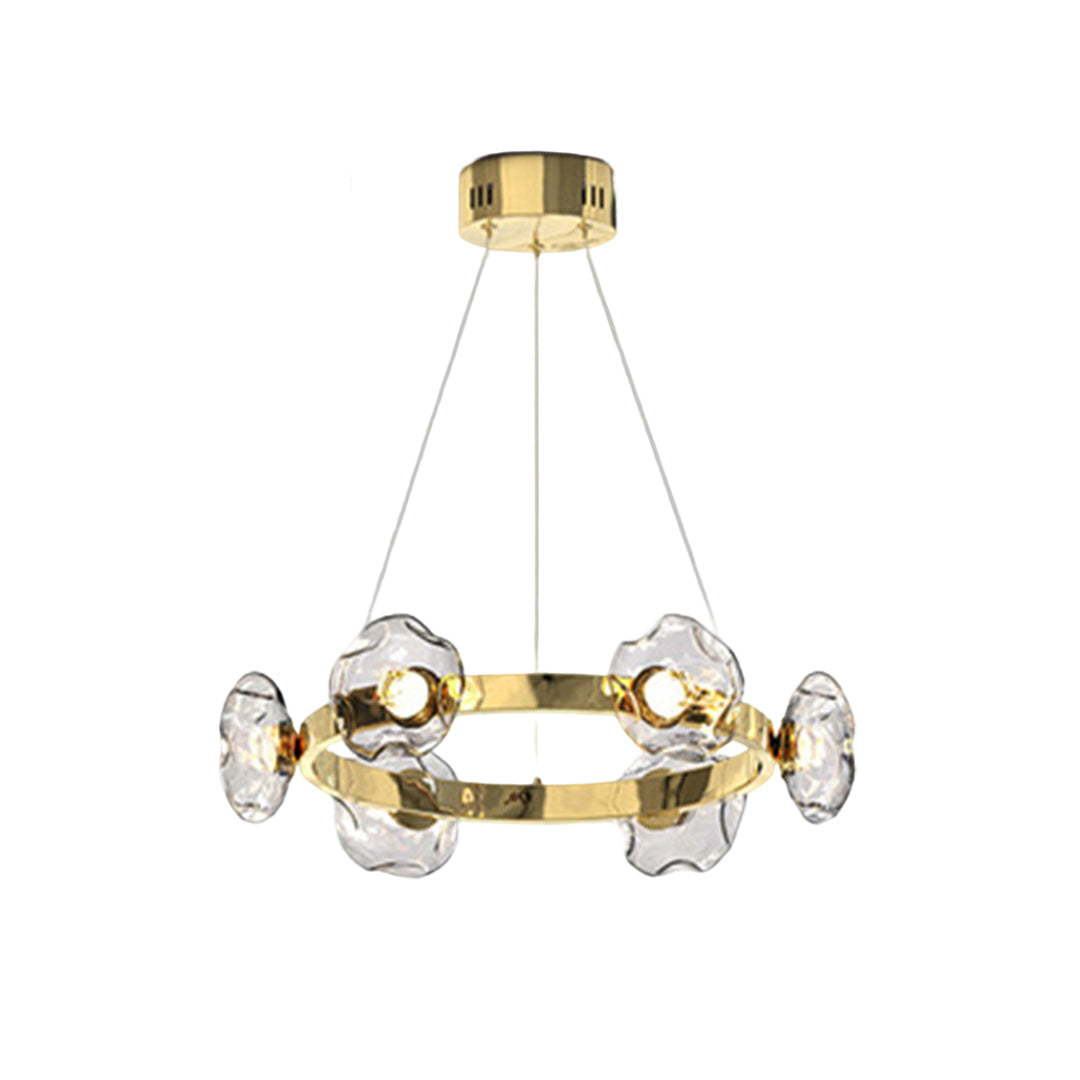 Gold ring chandelier featuring warm brass tone with decorative glass spheres in circular arrangement
