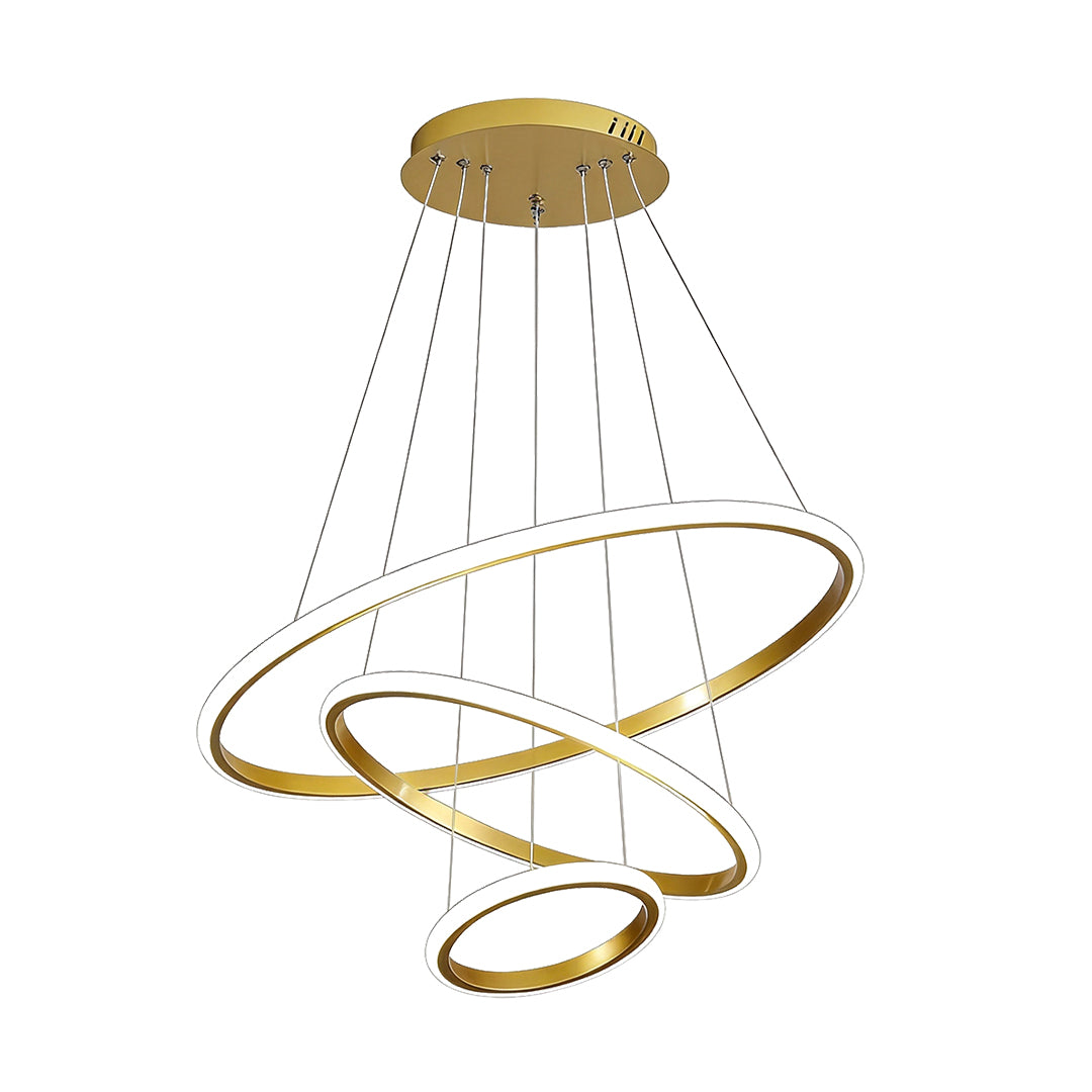 Gold ring LED chandelier isolated on white background.