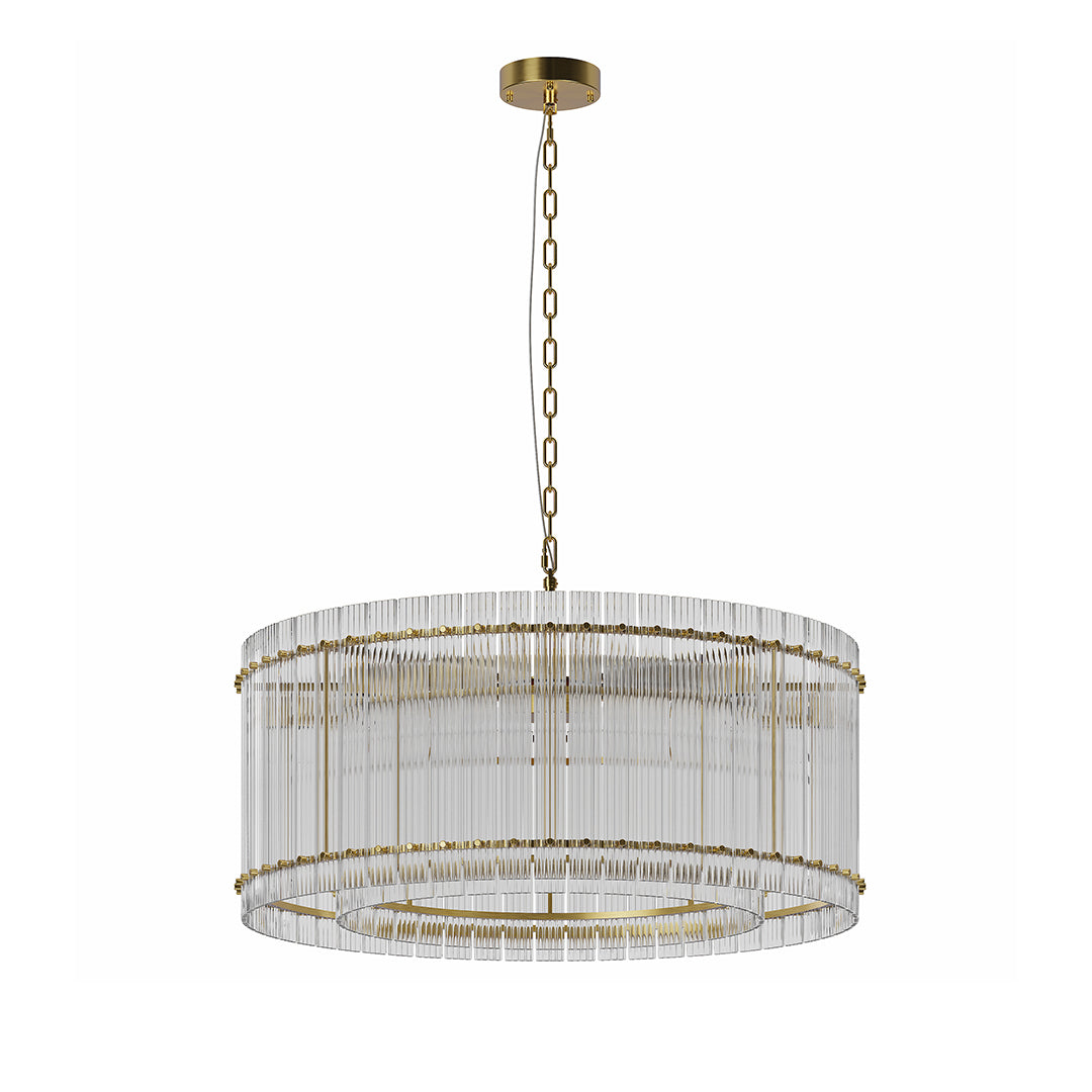 Gold circular glass lamp shade chandelier featuring clear crystal strips for a glamorous modern home.