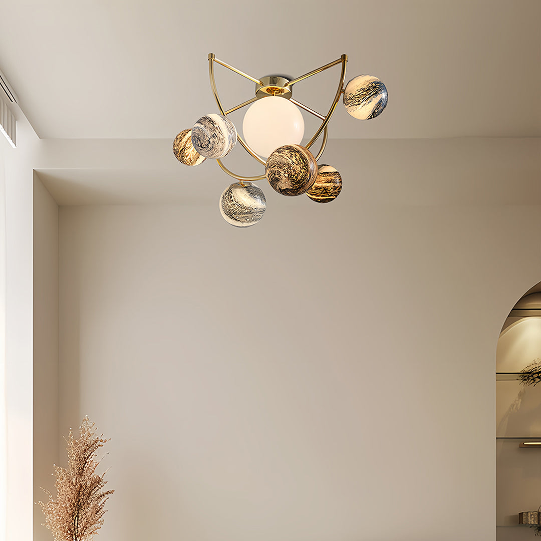 Gold semi flush ceiling light in minimalist bedroom providing warm ambient lighting with luxury appeal