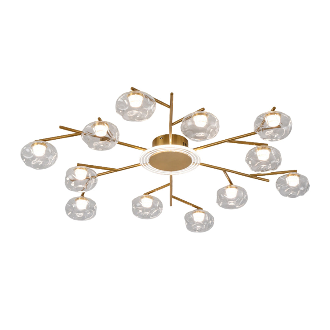 Gold large semi flush mount lighting featuring warm brass finish with multiple glass globe branches