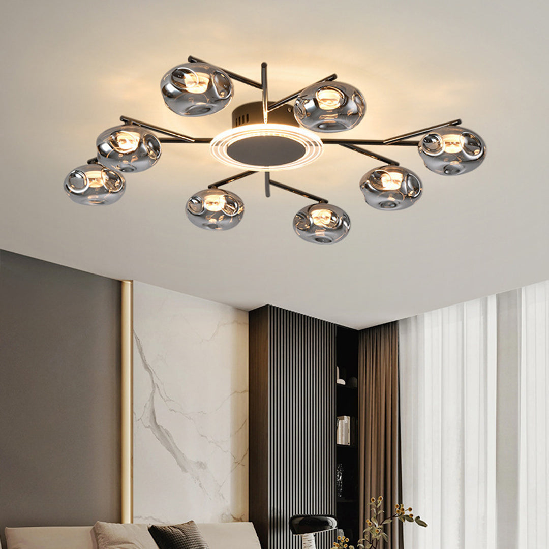 Gold large semi flush mount lighting creating warm atmospheric ceiling lighting in luxury interior space