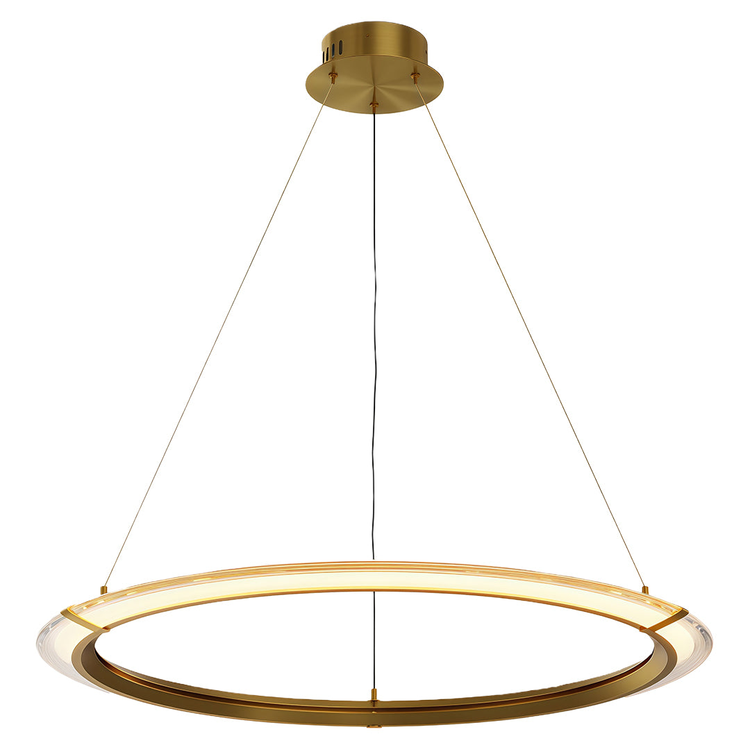 Gold modern round chandelier with a slim illuminated ring and subtle metallic accents.