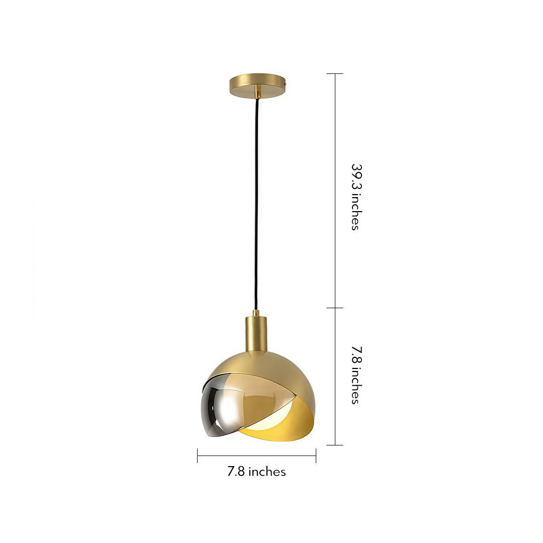 Gold sphere pendant light shown with size dimensions for modern residential lighting layouts.
