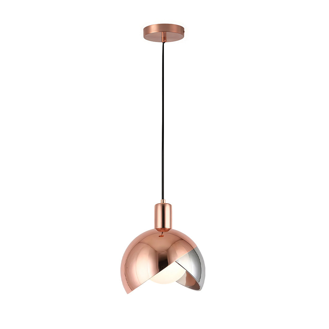 Rose gold version of sphere pendant light hanging with sleek minimalist design.