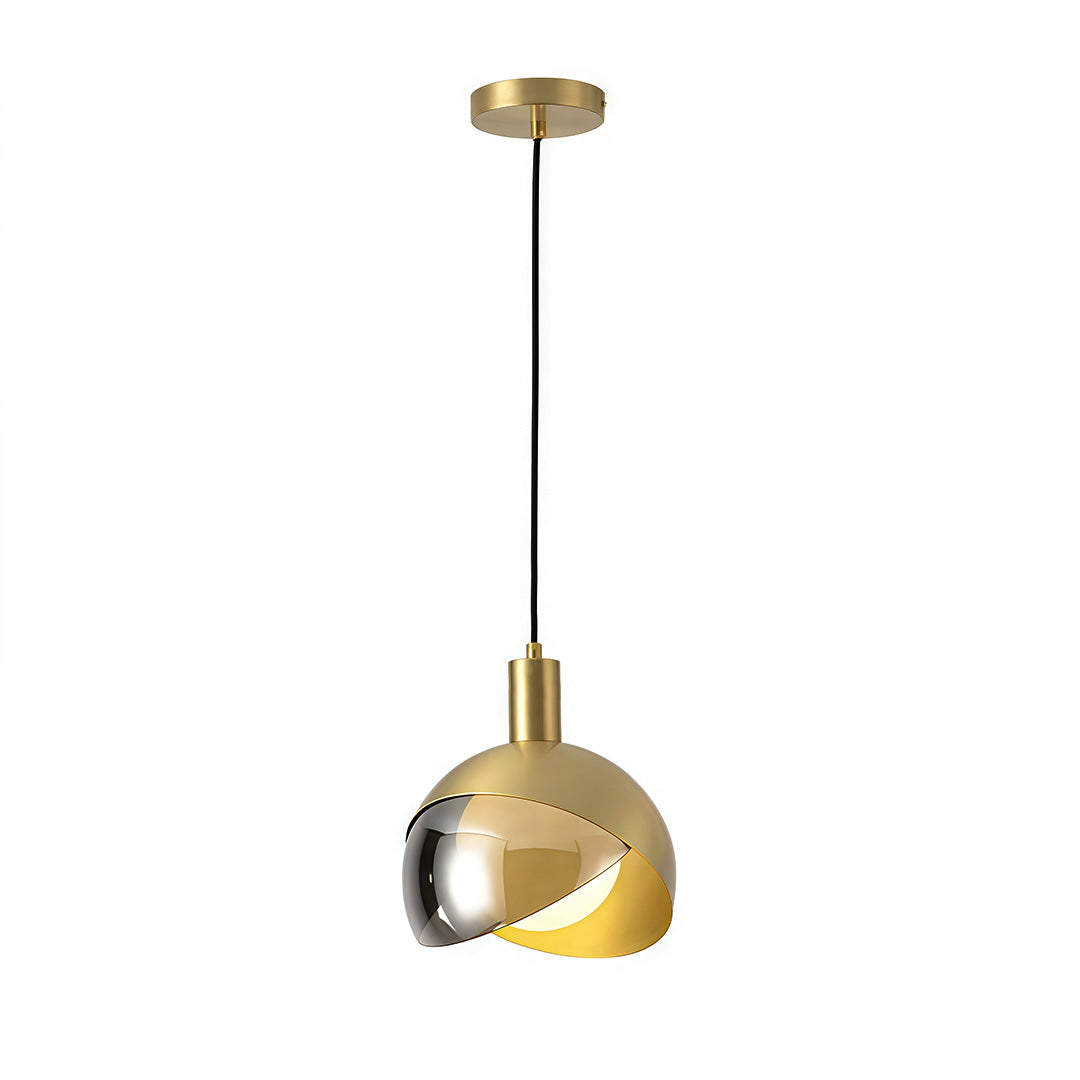 Single gold sphere pendant light displayed on white background with black suspension cord.