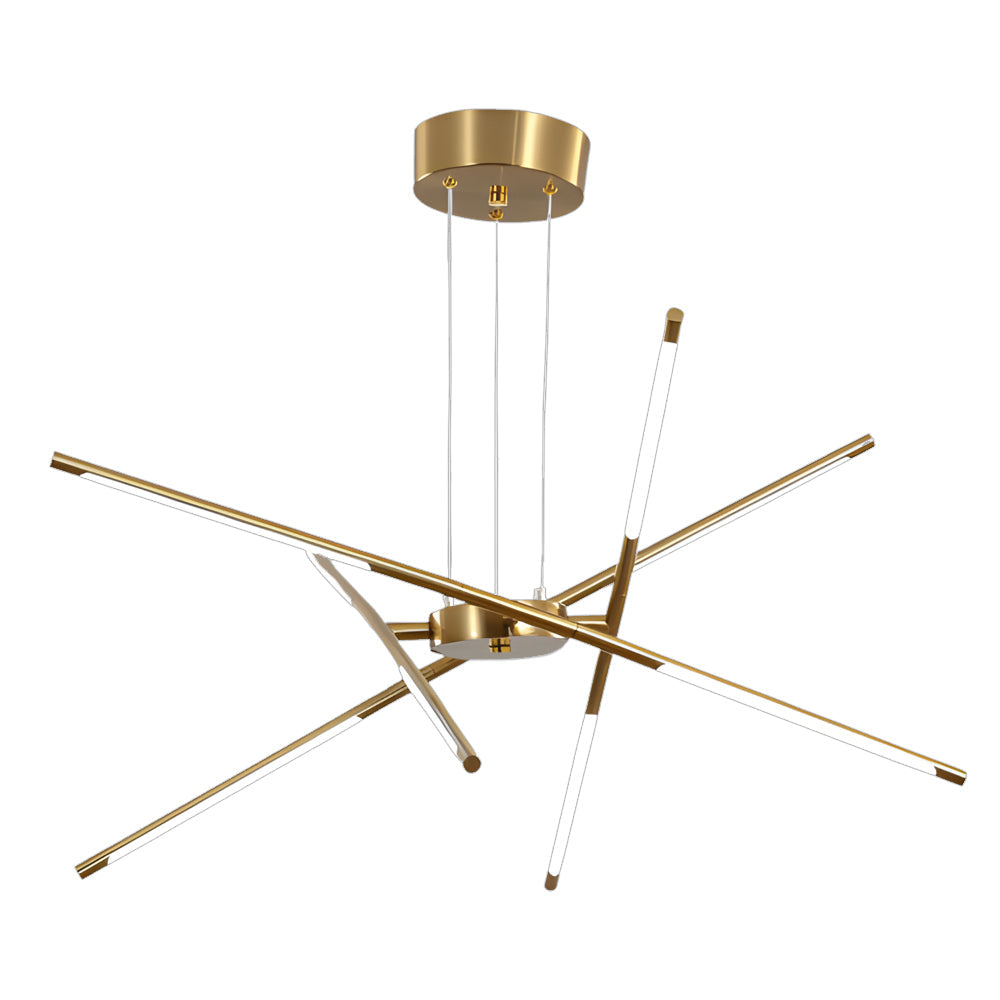Gold Sputnik chandelier with a sculptural starburst form and slim linear light bars presented on a white background.