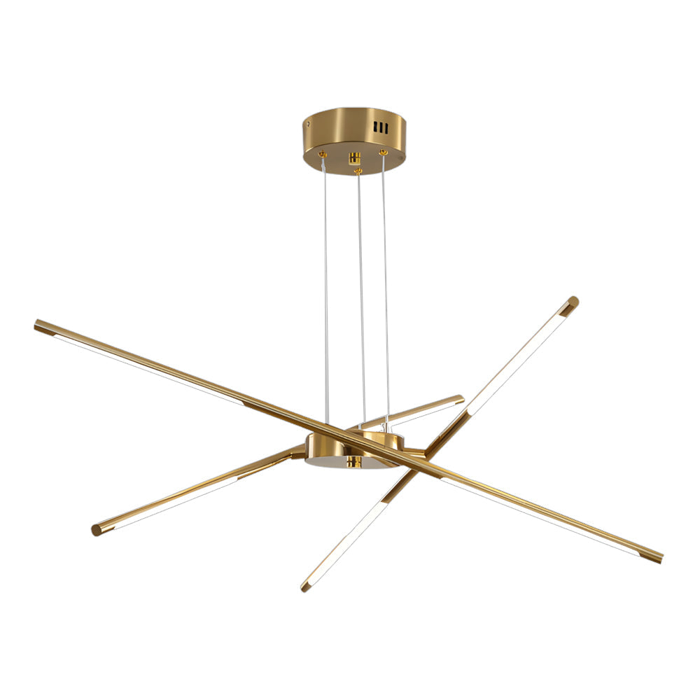Gold Sputnik chandelier with linear LED arms and adjustable suspension cables displayed on a white background.