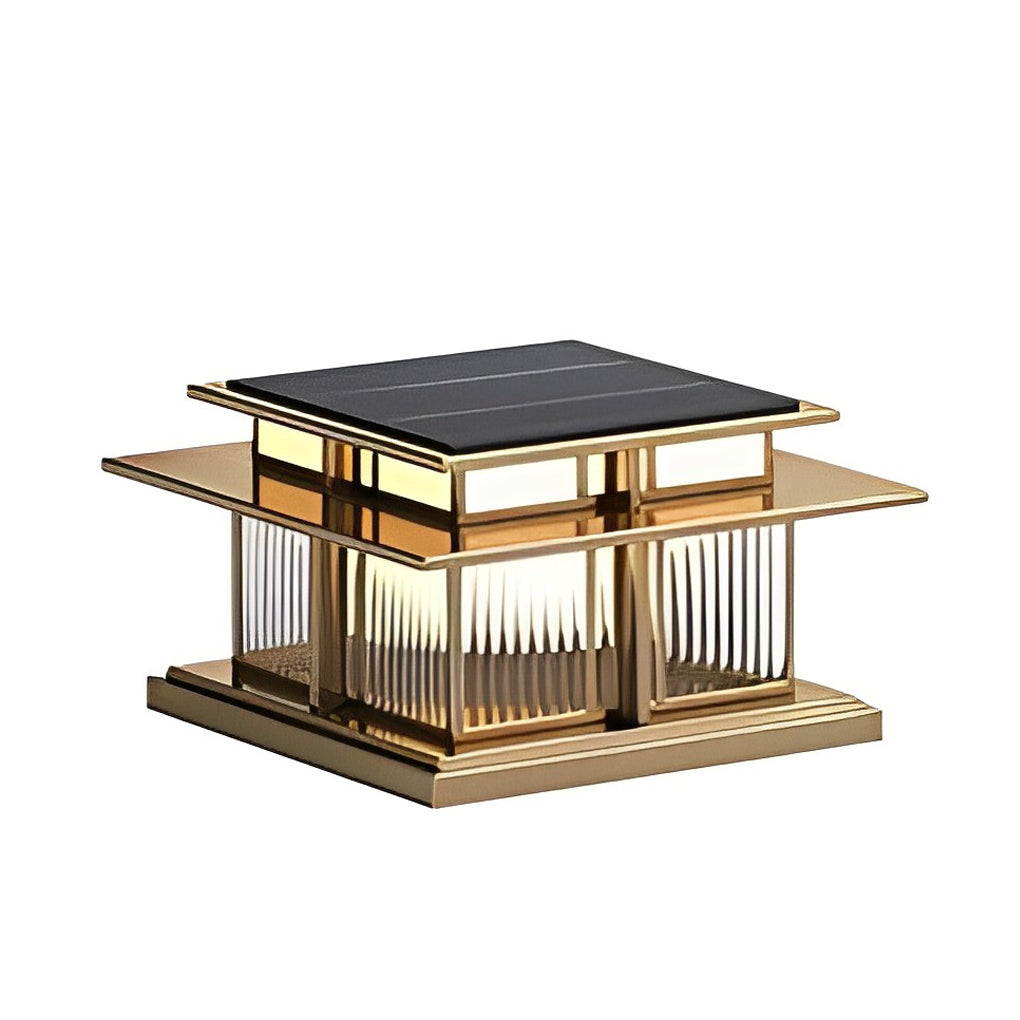 Modern square porch pillar lights shown in gold finish with clear vertical glass panel.