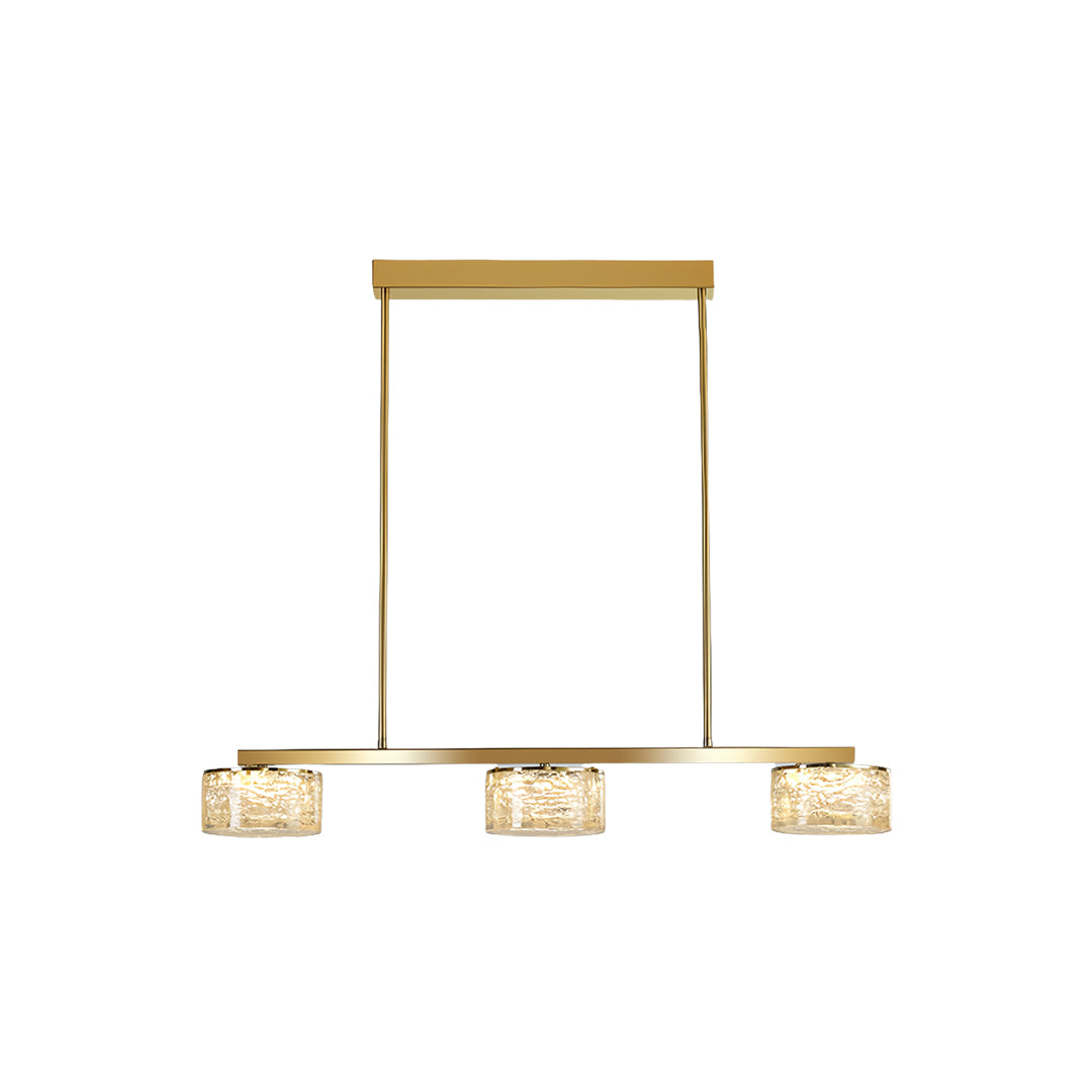 Three-light LED linear pendant light with gold frame and textured glass shades for elegant illumination