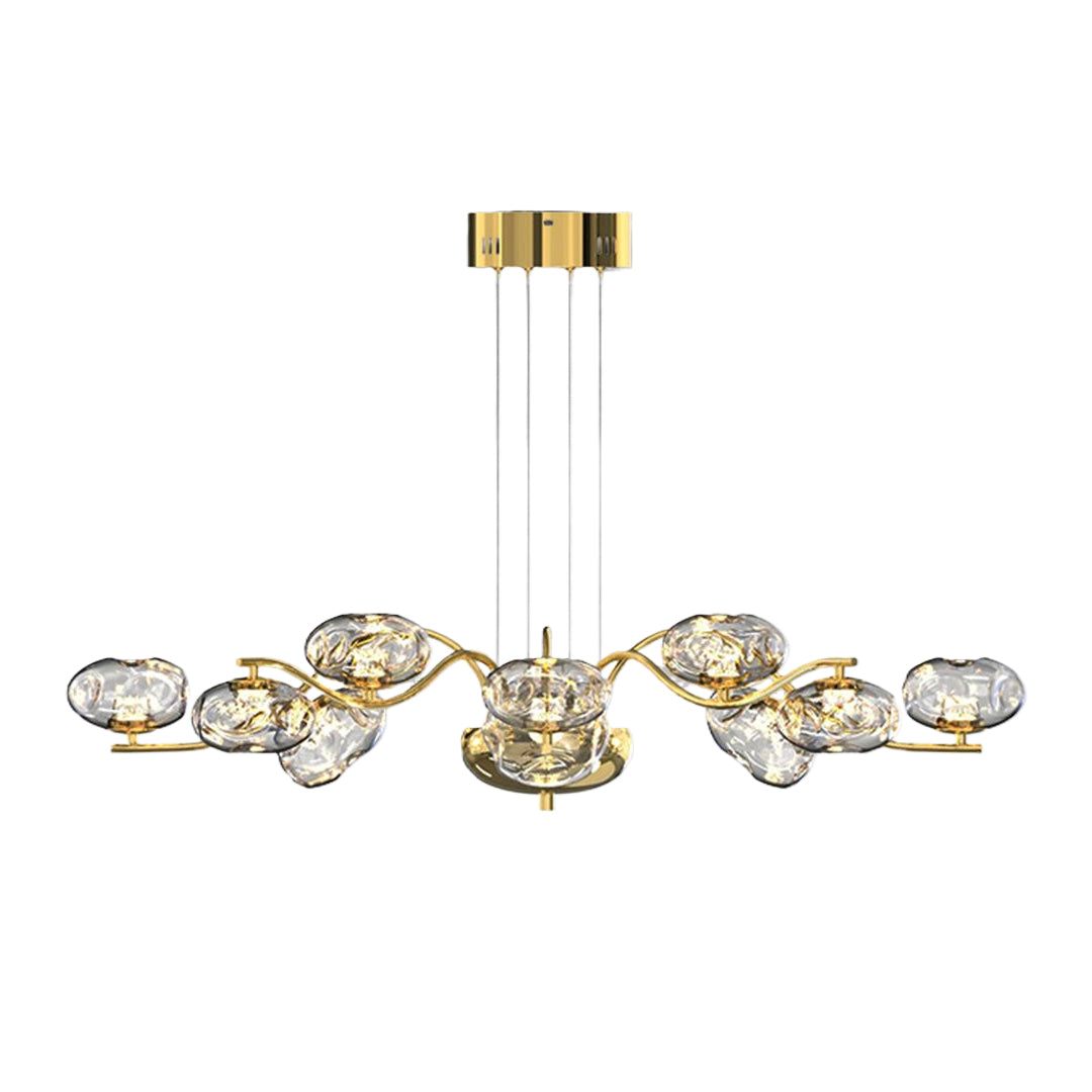 Luxurious modern LED chandelier in gold tone with decorative glass elements creating sophisticated lighting display