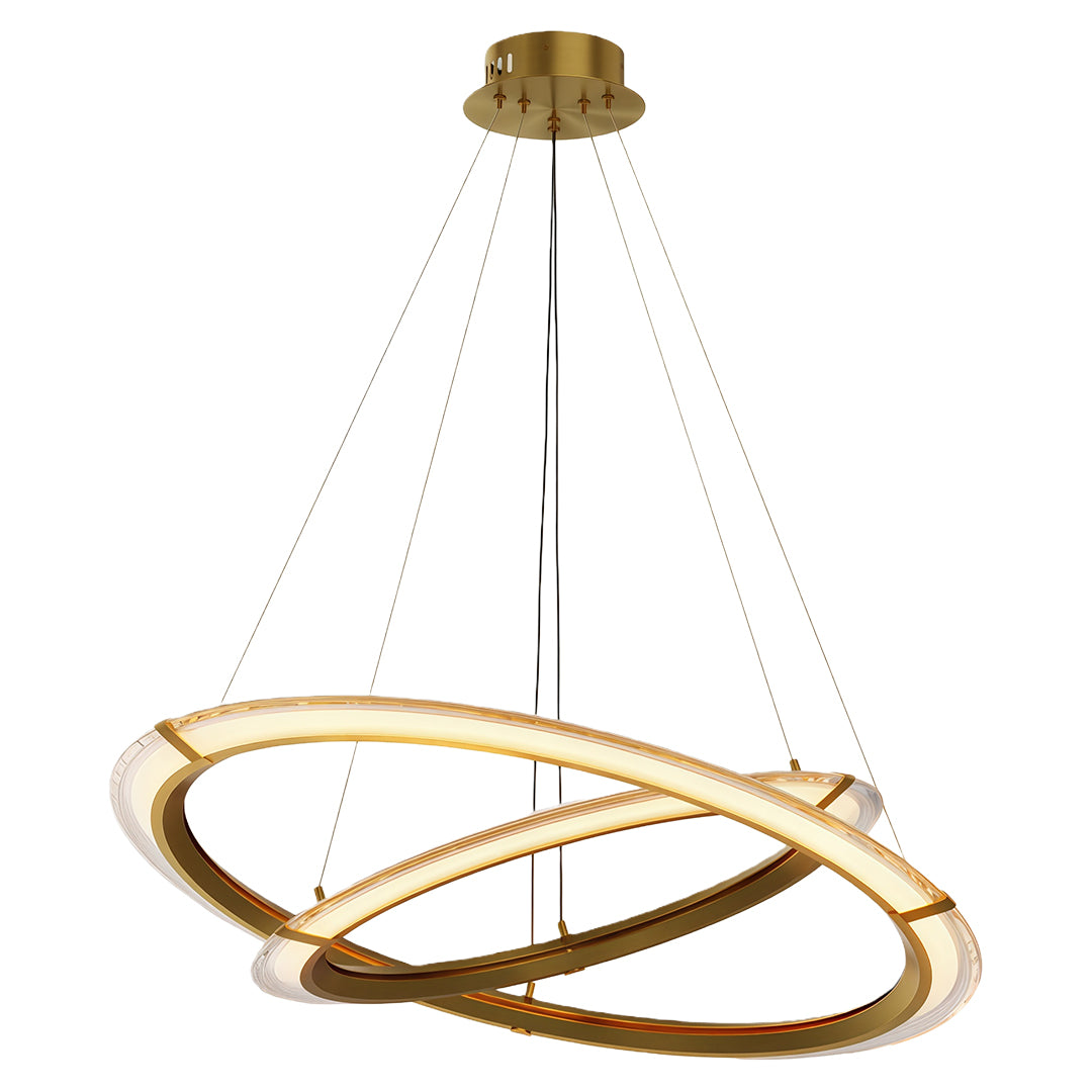 Gold triple-loop modern round chandelier with warm LED accents.