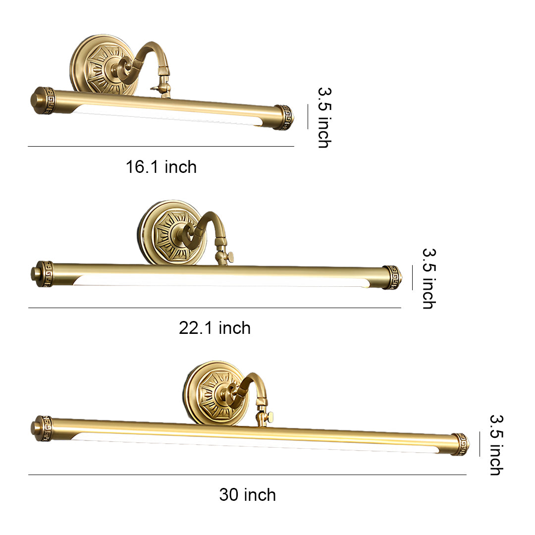 Gold bathroom vanity light set showing three different sizes with ornate decorative base and linear design