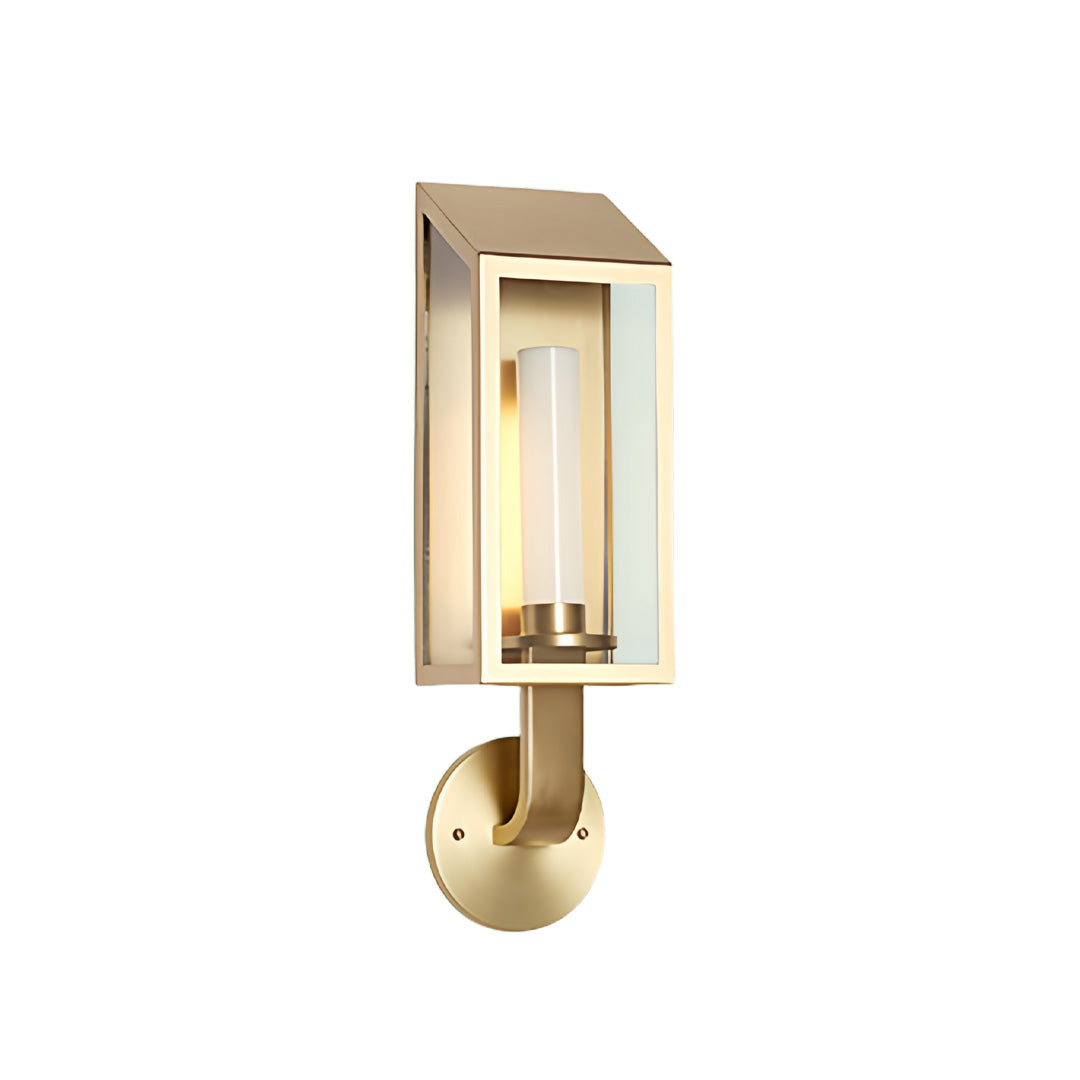 Gold outdoor wall mount light fixture with slim vertical design and warm ambient glow for exterior use.