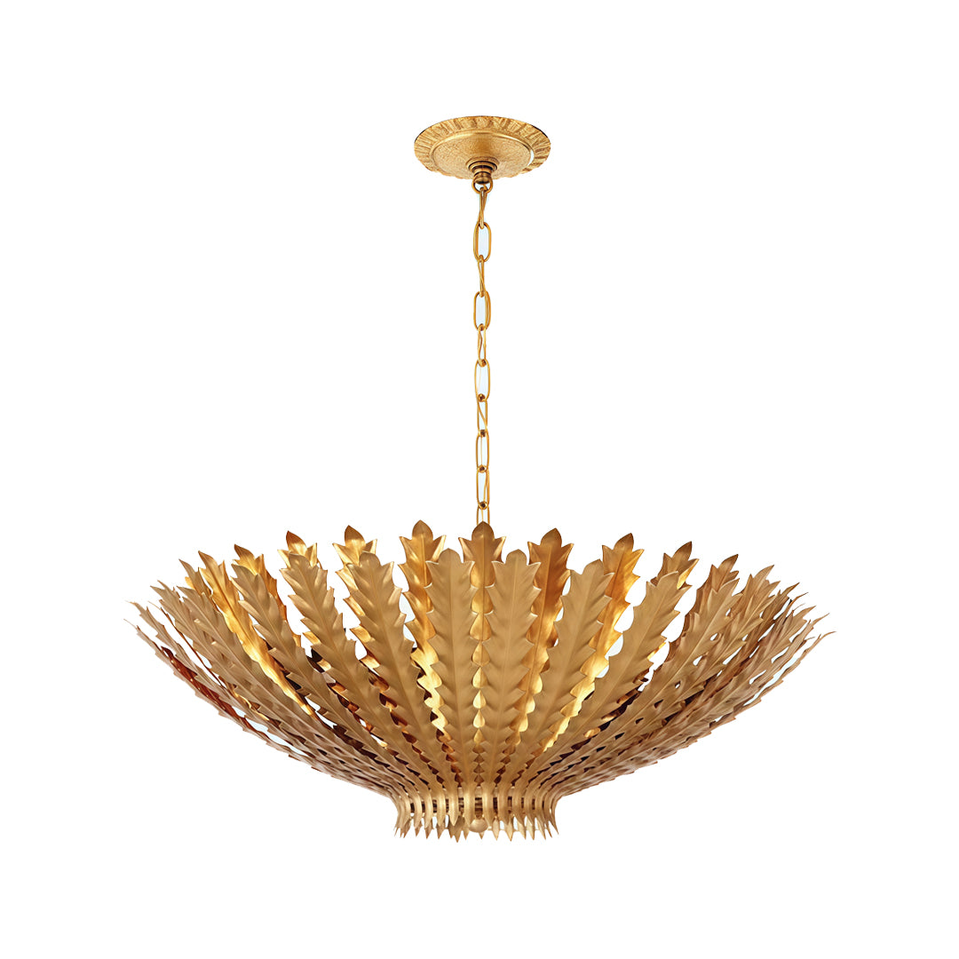 Gold vintage chandelier isolated on white background with elegant classic lighting design.