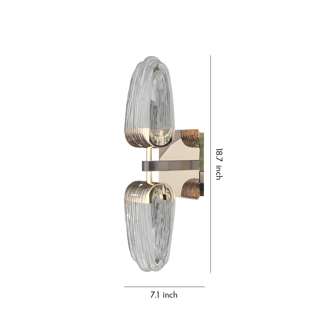 Gold wall light with teardrop crystal glass shade and dual-arm brass mounting bracket in contemporary design
