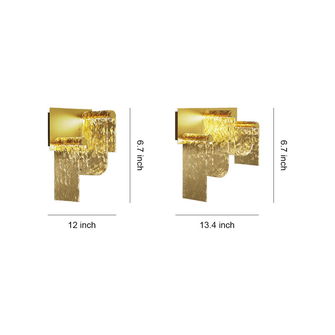 Gold wall lights showing two fixture styles with textured glass shades and brass finish, displayed with dimensions