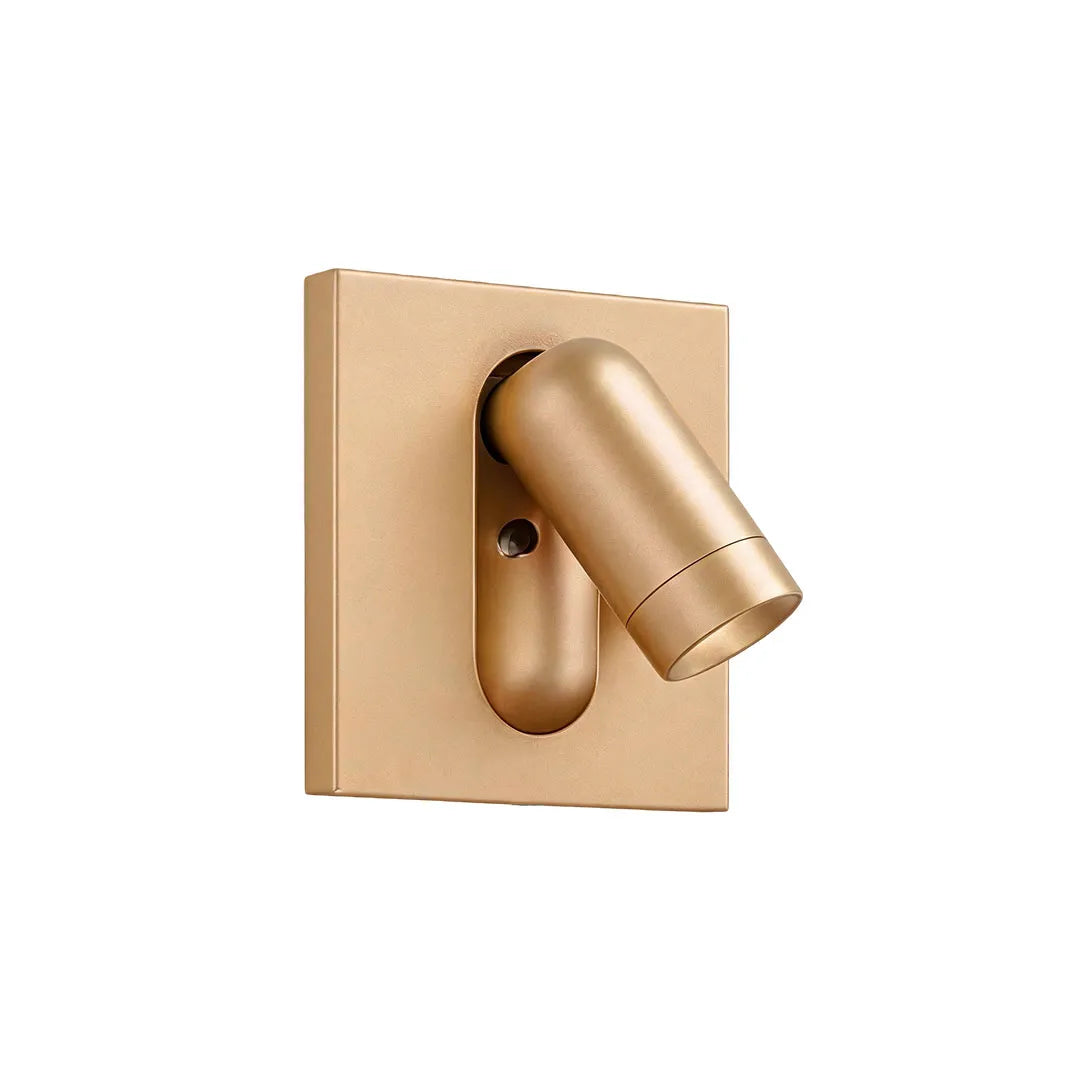 Gold wall mounted LED reading light with a square backplate and adjustable directional head.