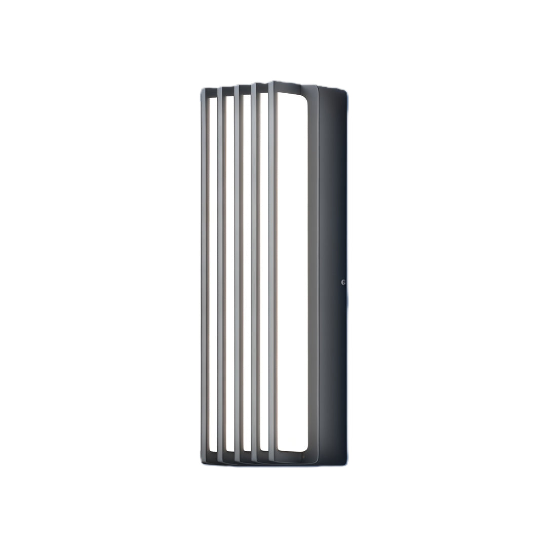 Tall vertical gold-tone wall-mounted linear lighting fixture with warm ambient glow on clean background.