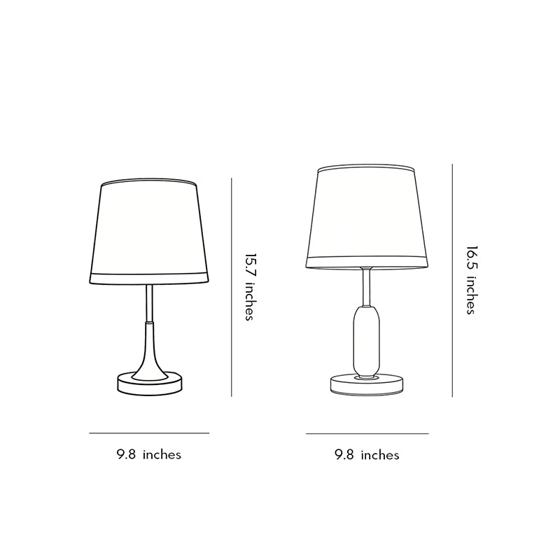 Technical diagram showing dimensions and structure of gold white table lamp models.