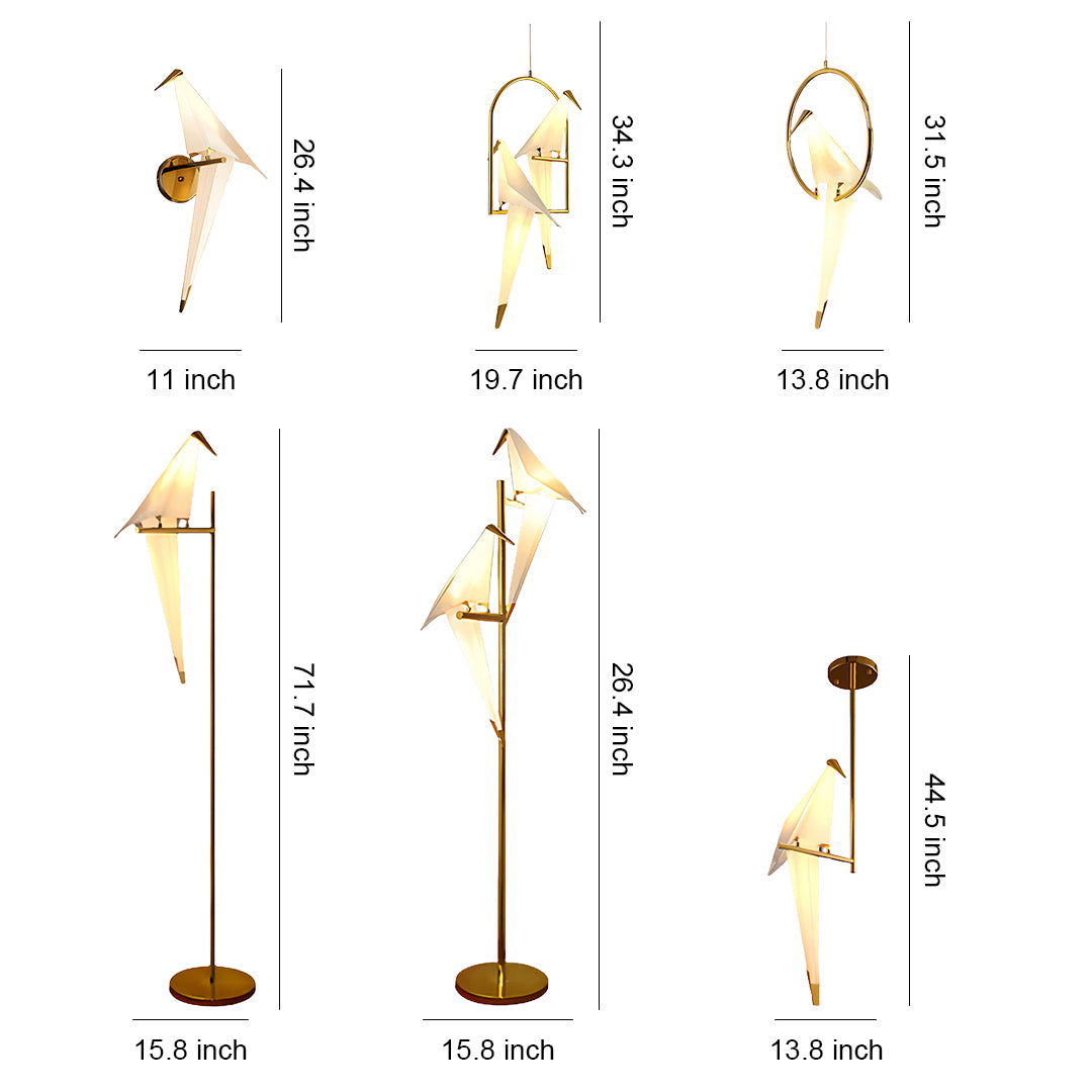 Collection of golden bird wall light fixtures with elegant crane-inspired designs for modern interior decor