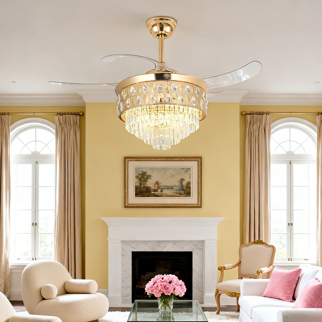 Golden ceiling fans with crystal lights and hidden blades in a classic yellow parlor 