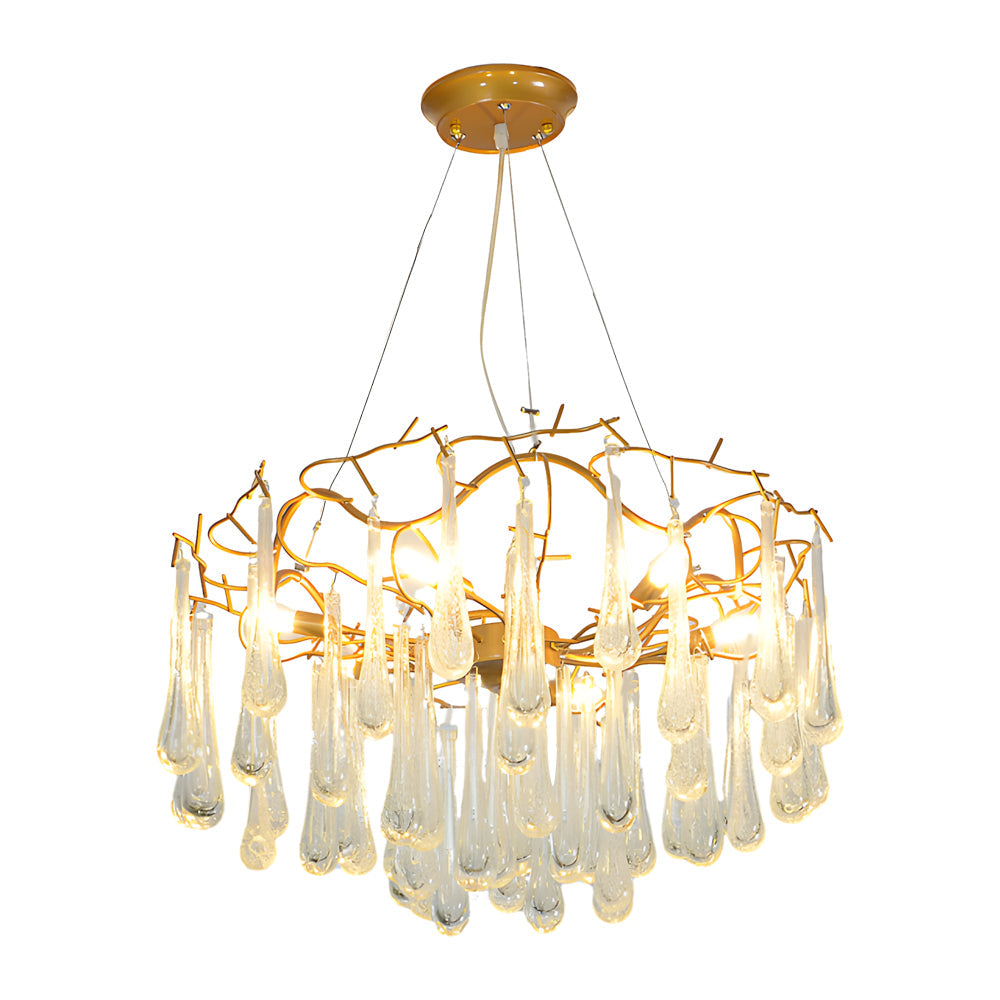 Golden crystal modern chandelier featuring organic tree branch design and clear prisms.