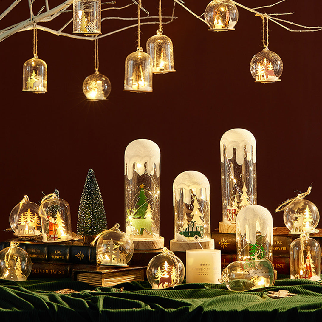 Cluster of golden festive dome lights arranged like radiant white glass table lamp decorations.