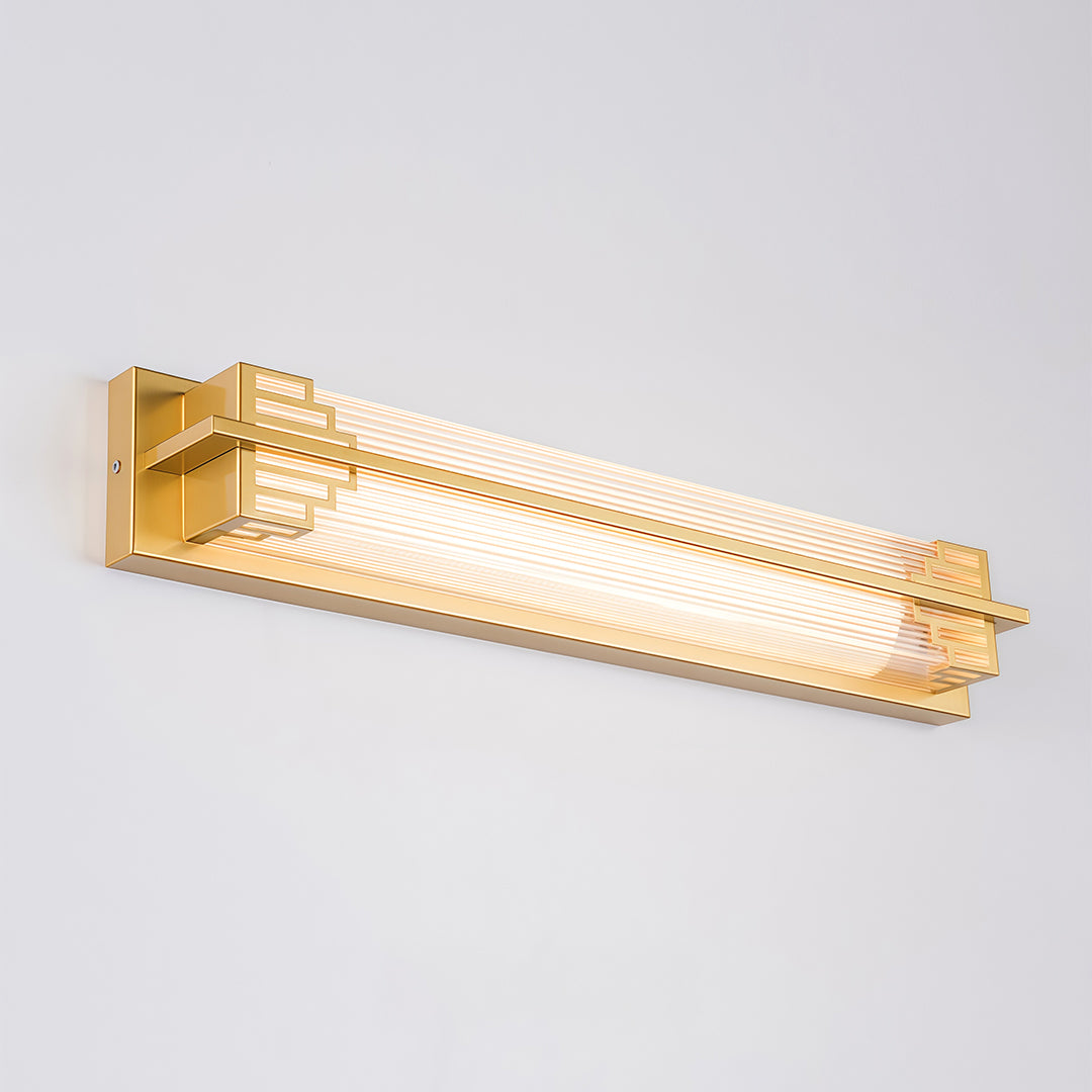 Outdoor wall mounted LED lights in a golden frame mounted on a wall, giving off a warm, welcoming glow.