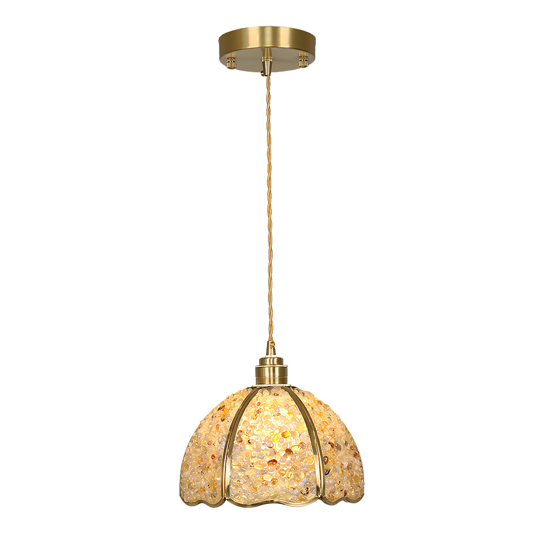 Golden small crystal pendant light featuring honeycomb pattern glass shade with chain suspension
