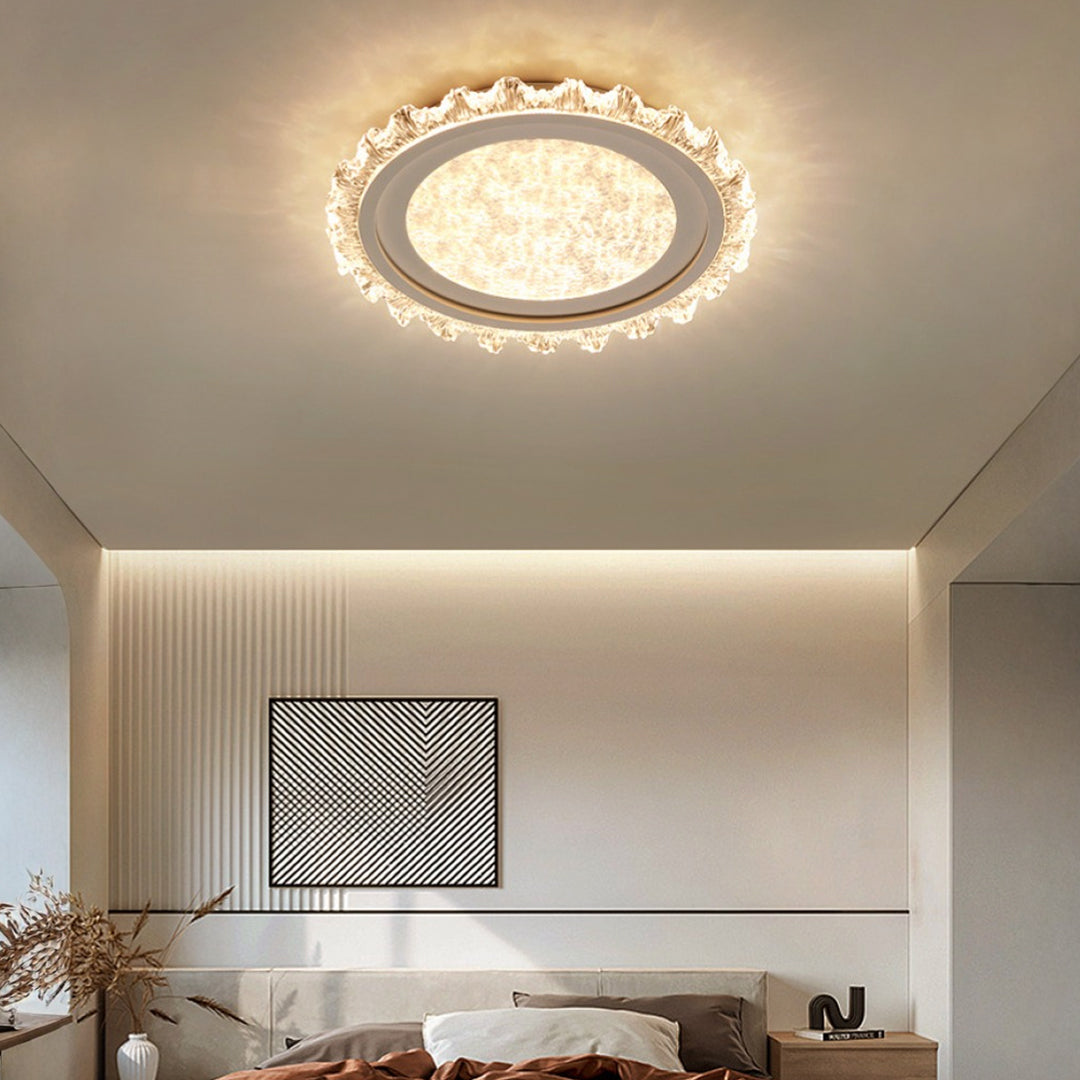 Golden glass shade chandelier with crystal accents enhancing luxury bedroom interior design