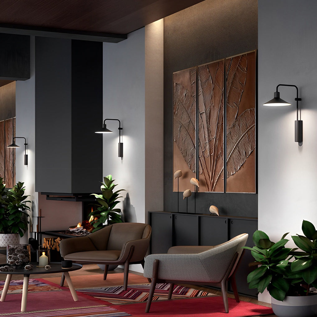 Gooseneck wall lamp used in a covered patio lounge, enhancing comfort with soft wall-mounted lighting.