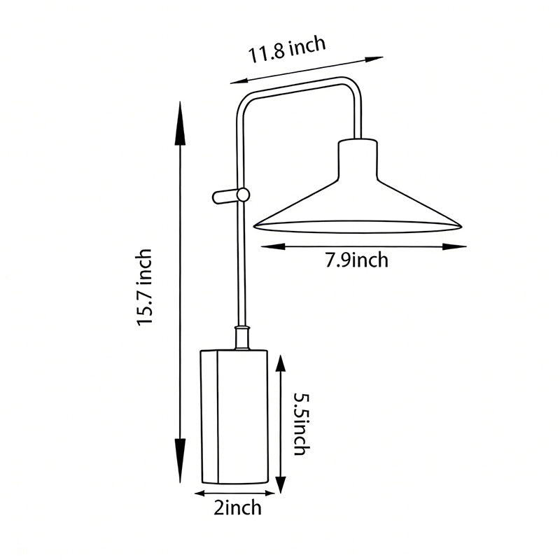 Gooseneck wall lamp dimension drawing illustrating height, reach, and mounting proportions for installation reference.