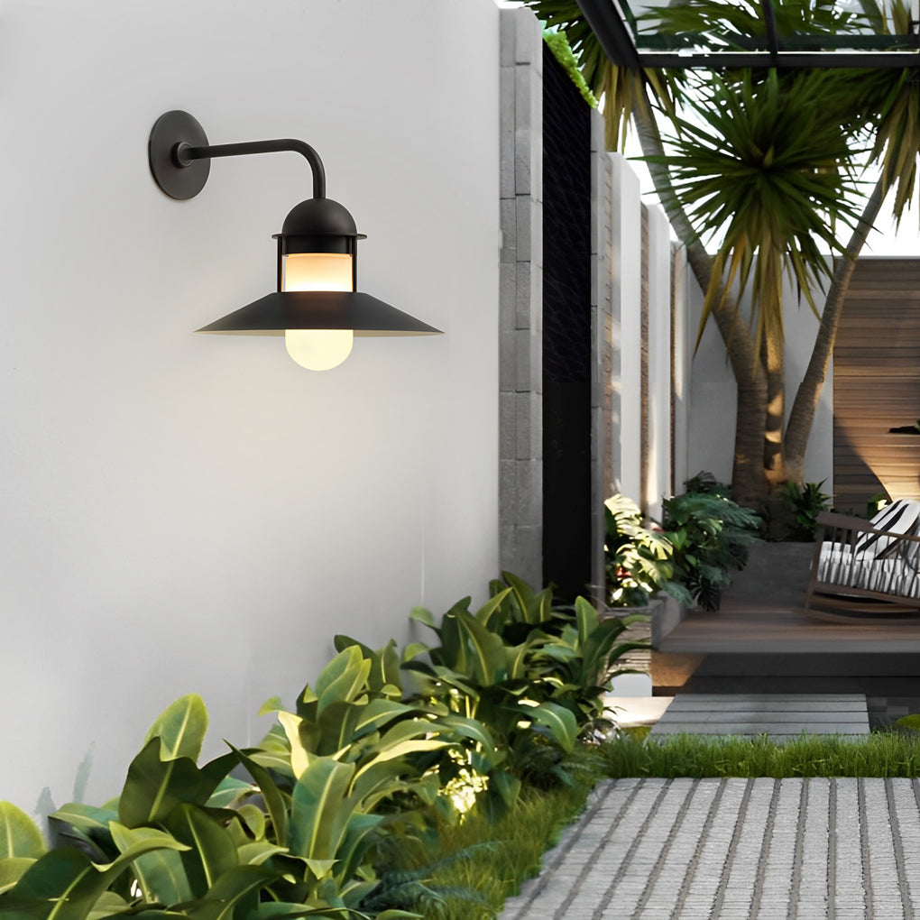 Gooseneck wall light fixtures with a black finish, installed on a modern exterior wall.