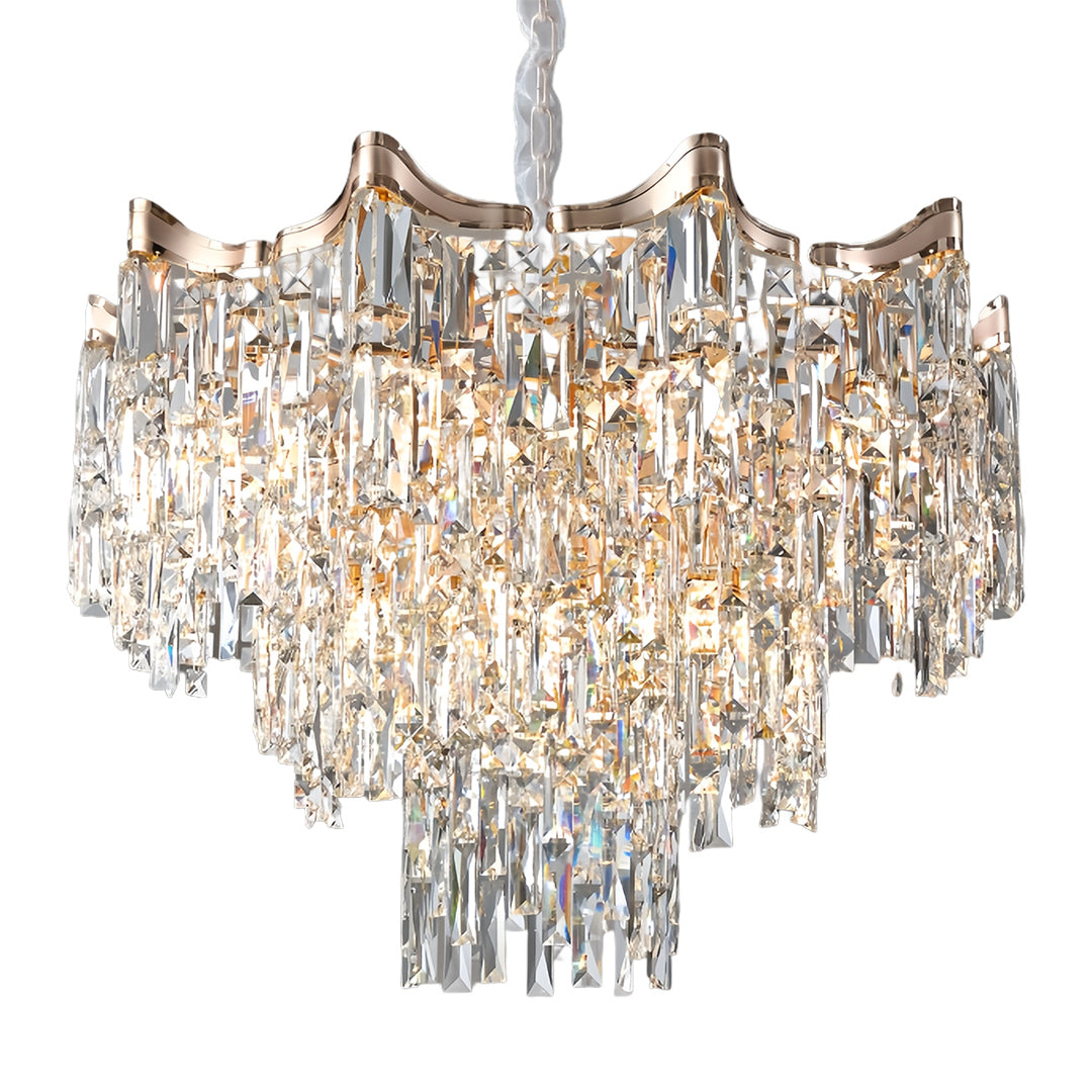 Grand tiered glass chandelier with cascading crystal tiers creating spectacular lighting centerpiece
