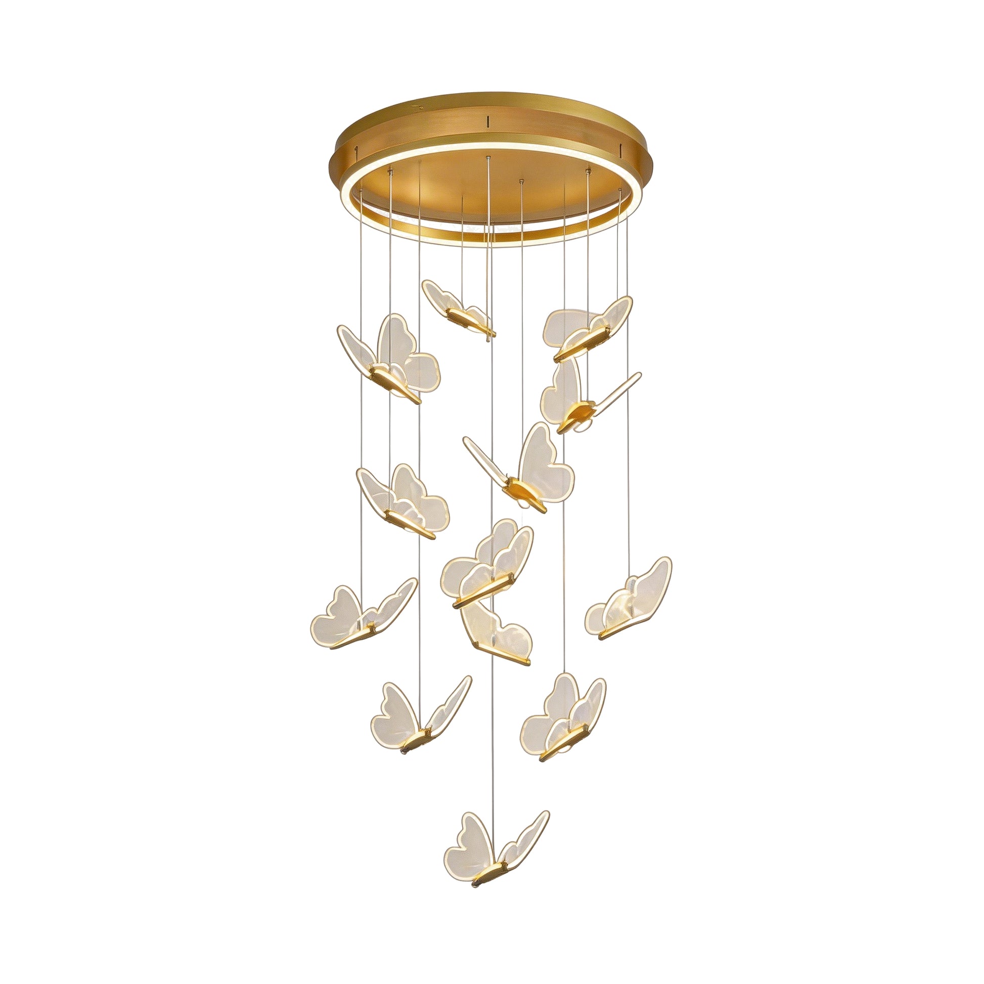 Grand gold butterfly chandelier with staggered acrylic wings hanging from a circular LED base.