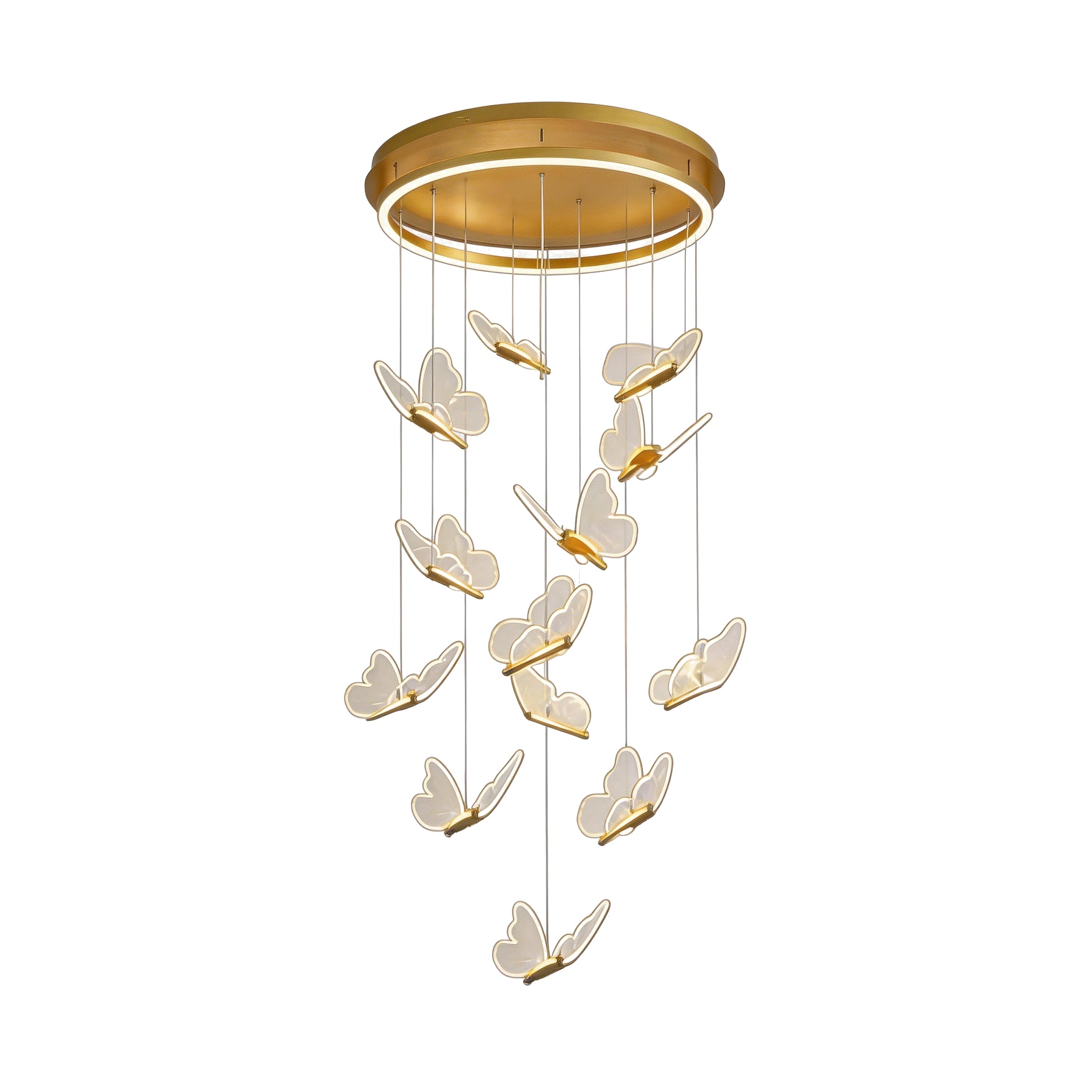 Grand gold butterfly chandelier with staggered acrylic wings hanging from a circular LED base.